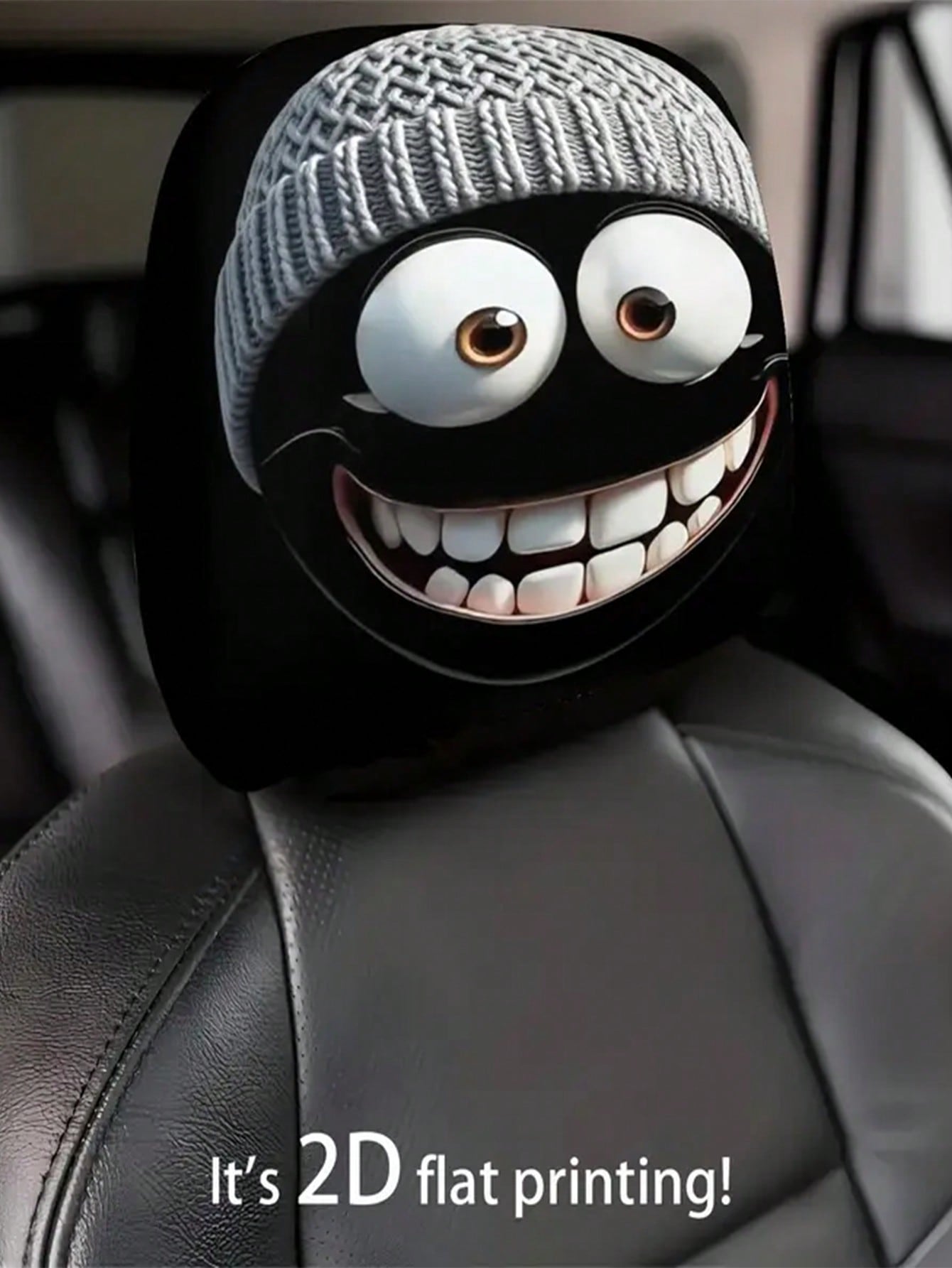 1/2pcs Car Headrest Cover, Grey Hat, Cartoonish And Funny Smiling Face Printing- No Filling, Easy To Install- Ideal Choice For Both Men's And Women's Car Interior Decoration, Perfect For Year-Round