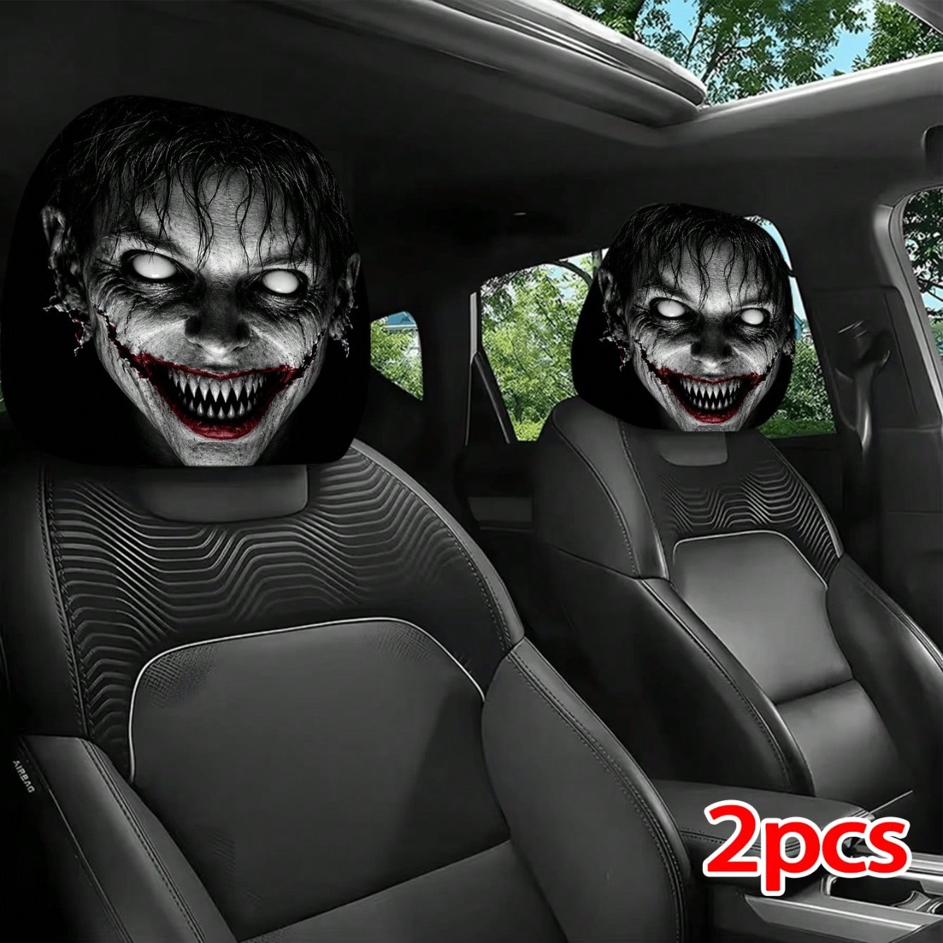1/2pcs Printed Car Headrest Covers, Interior Decoration With Elastic Design And Universal Fit Installation, Ideal Choice For Interior Additions, Perfect Funny Car Decoration Featuring Scary Zombie Fac