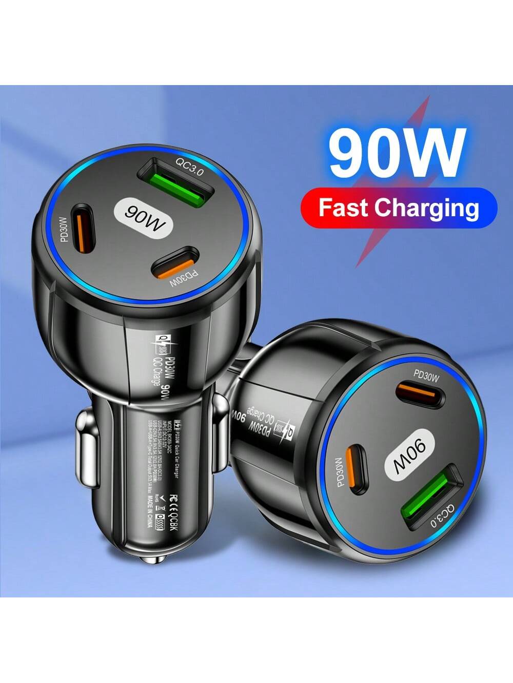 1 Pc Total 90W Multi Port USB 2PD Type C Car Charger PD Phone Charger Quick 3.0 Fast Charging Power Adapter Compatible With IPhone Compatible With IPhone, Compatible With IPad, Android Phone, Laptops