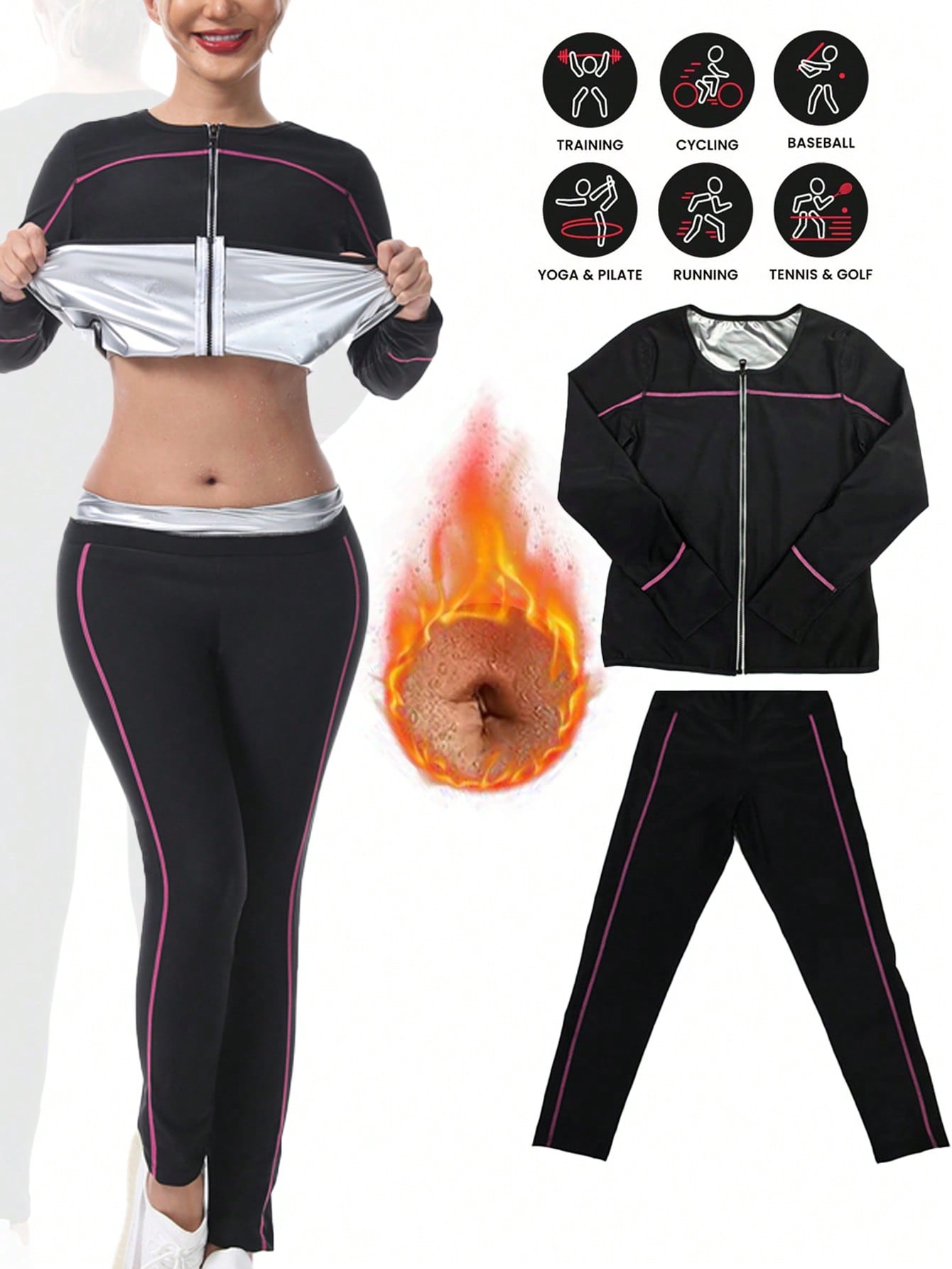 1 Set 2025 New Women's Outdoor Running/Fitness Long Sleeve Top + Long Pants, Top + Bottoms, Magenta Color Lines, Zipper Waist Training Suit Fall
