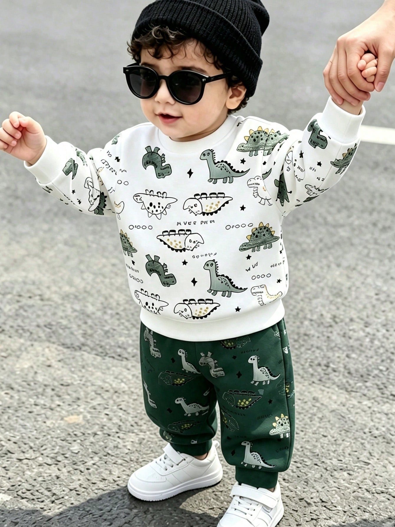1 Set Spring/Autumn New Baby Boys Dinosaur Print Long Sleeve Crew Neck Sweatshirt & Long Pants 2-Piece Set, Fashion Casual Versatile Fit, Cool Hand-Drawn Dinosaur Full Print Design With Strong Atmosph