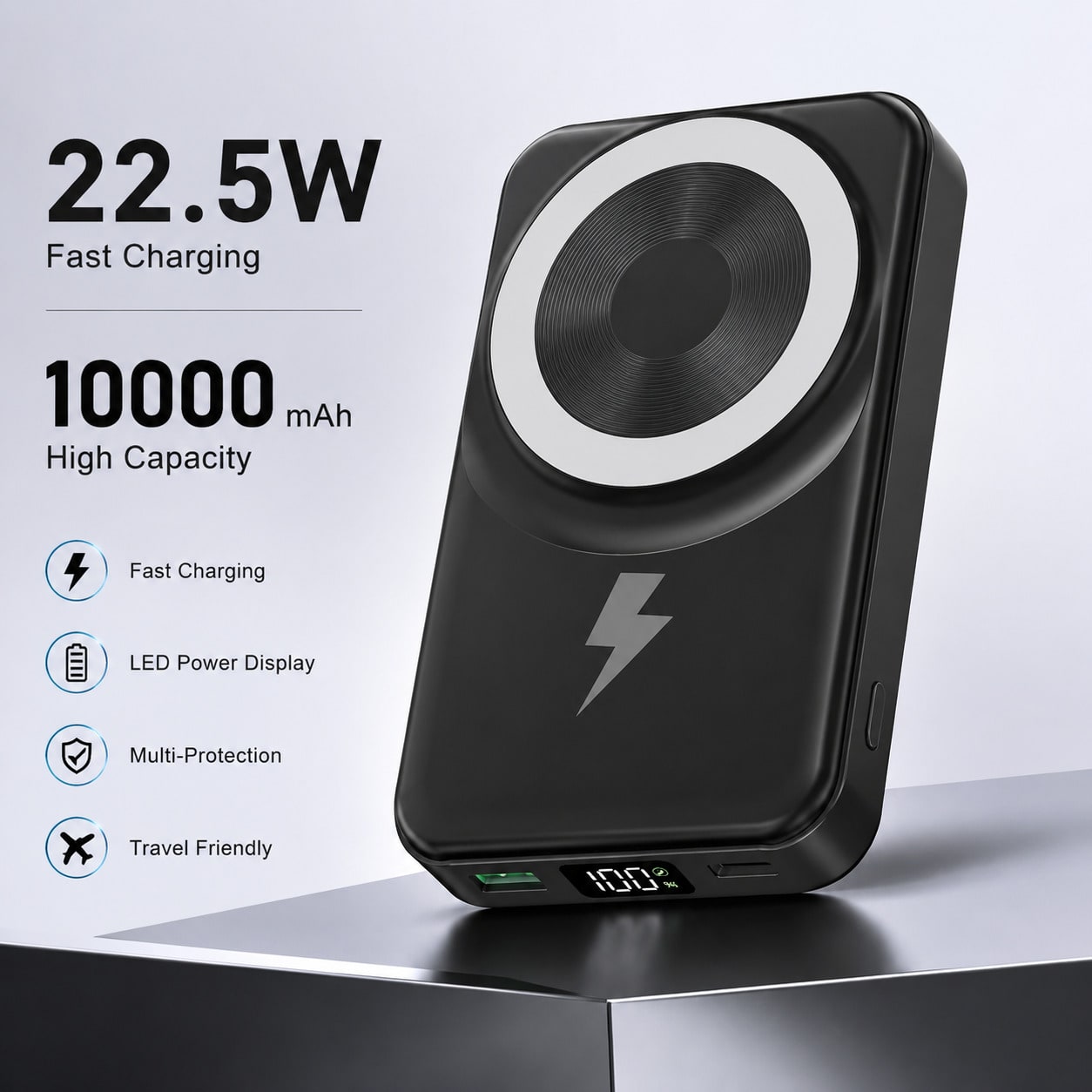 10000mAh Portable Magnetic Wireless Battery Charger, Foldable Stand Built-In Dual Cables 22.5W Fast Charging LED Digital Display, Travel Essentials Camping Gear School Essentials Back To School Suppli