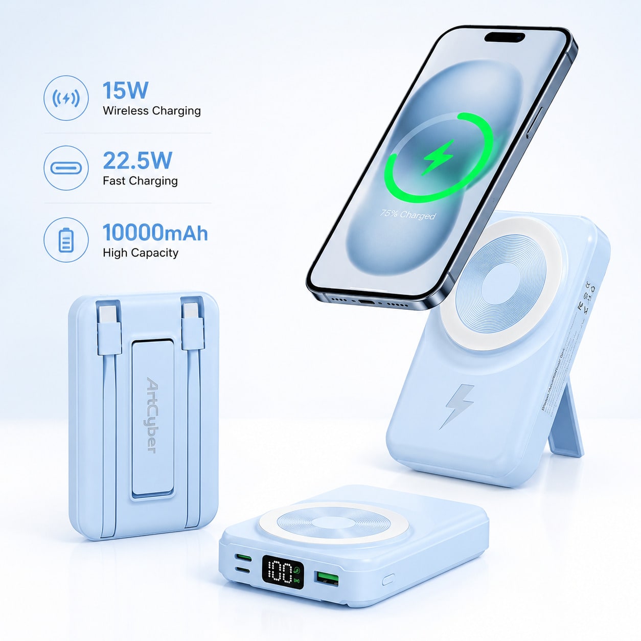 10000mAh Ultra-Slim Magnetic Portable Charger 15W MagSafe-Compatible Wireless Charging 22.5W Wired Fast Charging Integrated Twin Charging Cables Foldable Hidden Kickstand Real-Time Battery Percentage