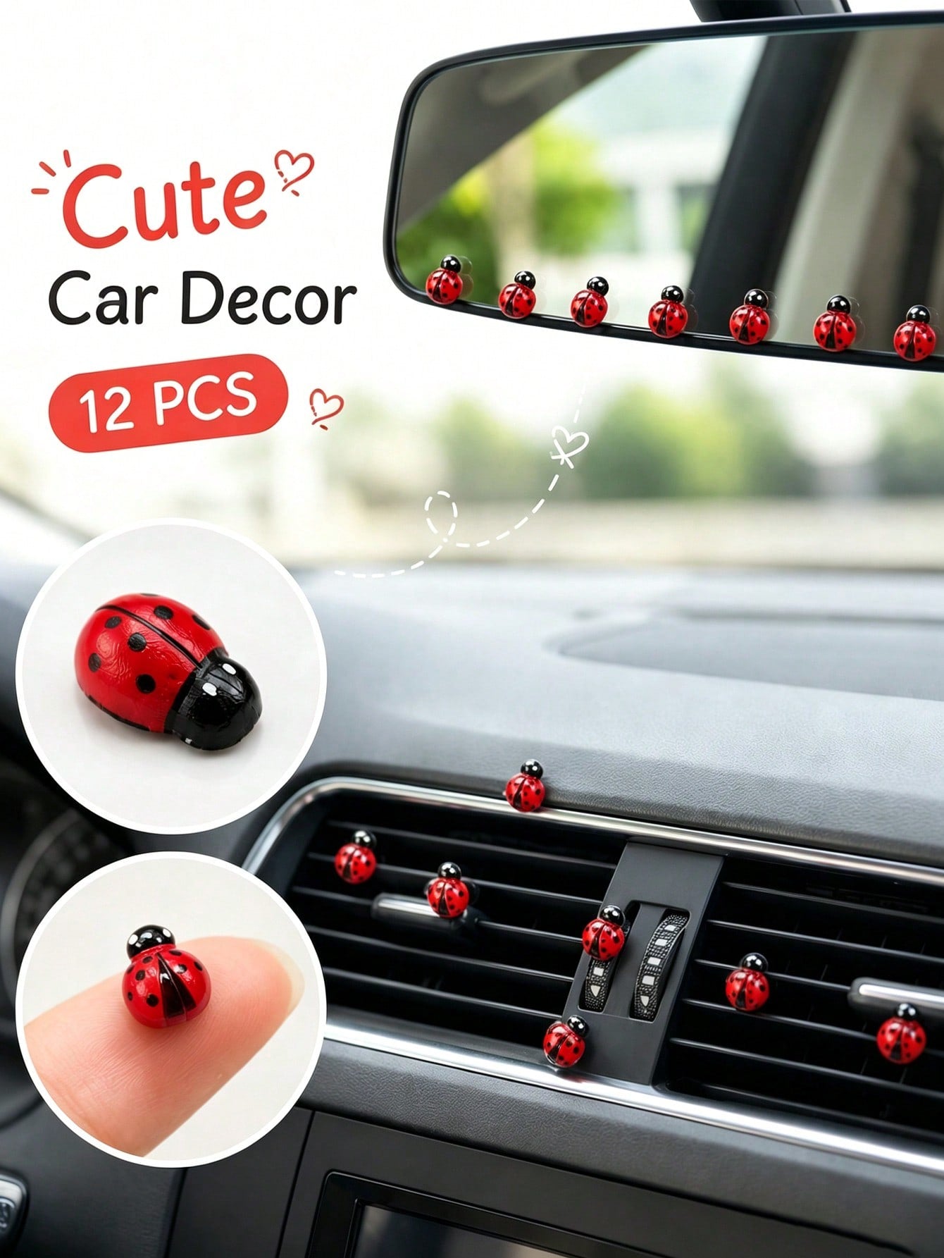 12pcs Car Interior Adhesive Ladybug Decorations, Cute And Fun
