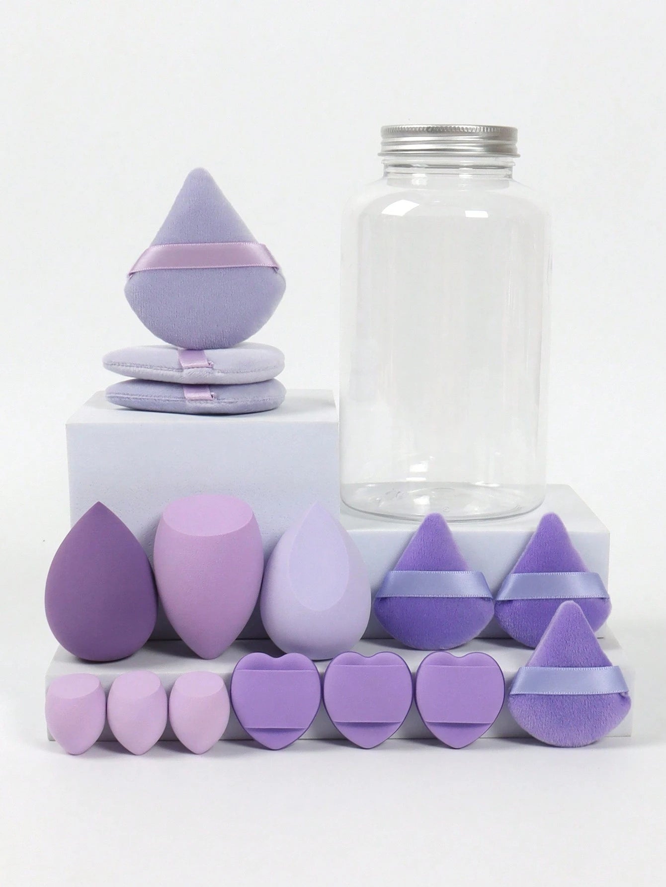 15pcs Makeup Sponge Set With Storage Jar, Including 3pcs Makeup Sponge & 3pcs Mini Makeup Sponge & 3pcs Powder Puff & 3pcs Mini Powder Puff & 3pcs Mini Finger Air Cushion Puff. Made Of Super Soft Velv