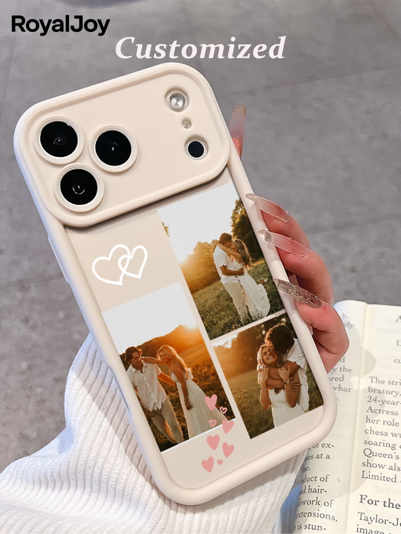 1pc Customized Personalized Family Portrait Phone Case With Multi-Photos, Heart Elements, High Definition UV Printing, Electroplated Four Corners Anti-Fall Black Lens Protection. Suitable Compatible W