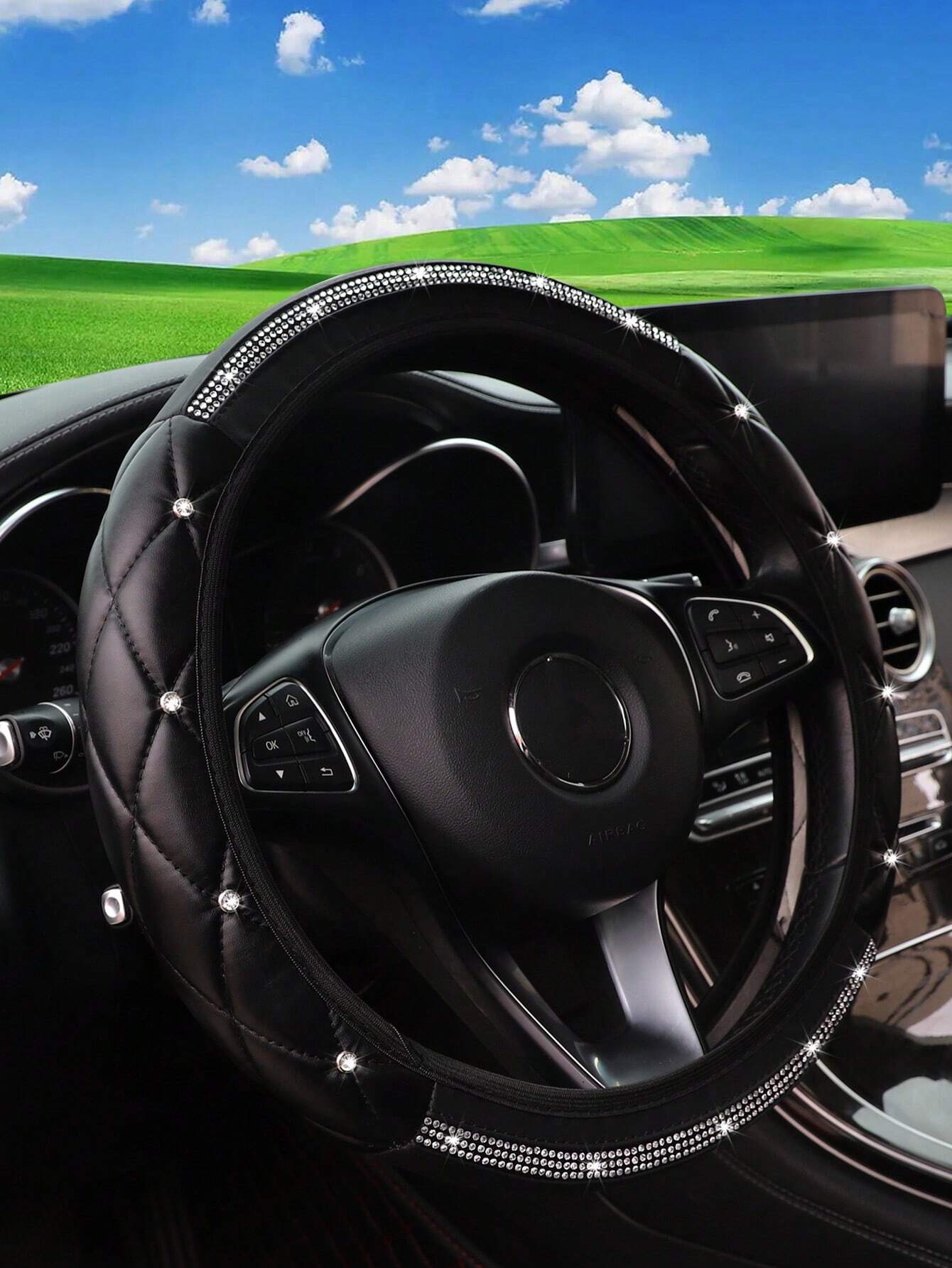 1pc Faux Sheepskin 3D Embroidery With Diamond-Studded Blingbling Car Steering Wheel Cover, Non-Slip, Suitable For 14.5-15 Inches