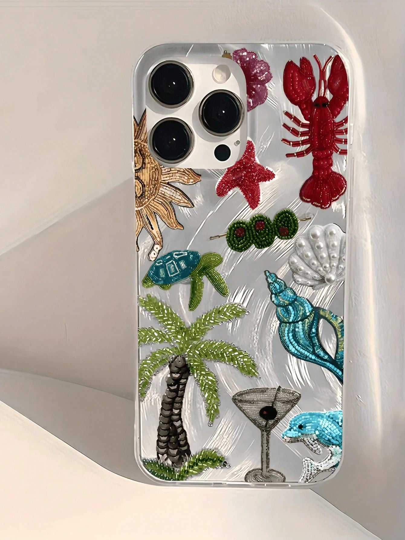 1pc Feather & Pearl Embroidered Palm Tree & Lobster Minimalist TPU Shockproof Phone Case, Compatible With Apple 17, 16, 15, 14, 13, 12, 11 Pro Max, Air, And Series