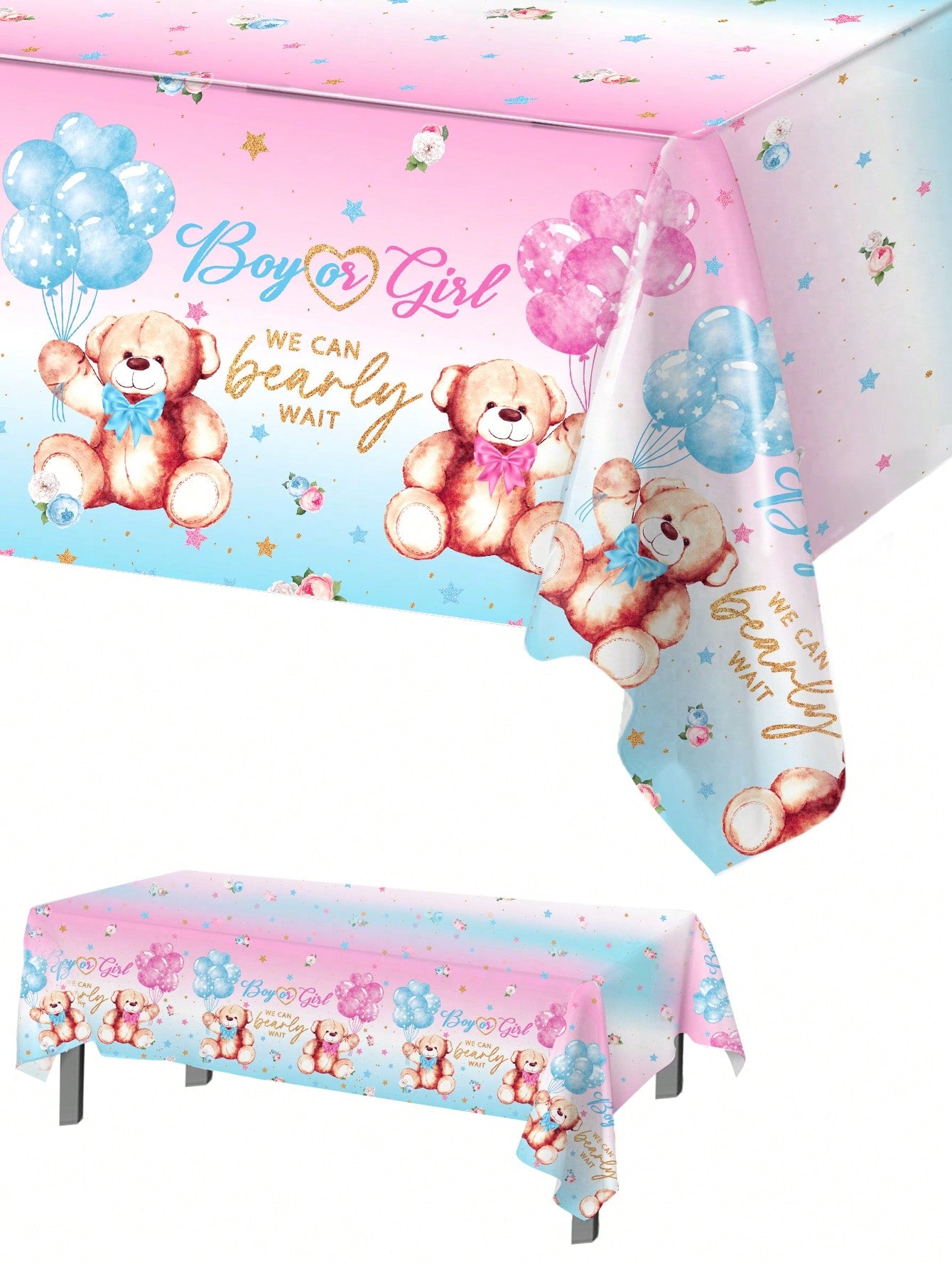 1pc Gender Reveal Party Decorative Tablecloth, Cute Pink & Blue Bear Pattern Disposable Waterproof Table Runner, Perfect For Gender Reveal Party, Baby Shower, Family Events Decoration, Baby Party Gift