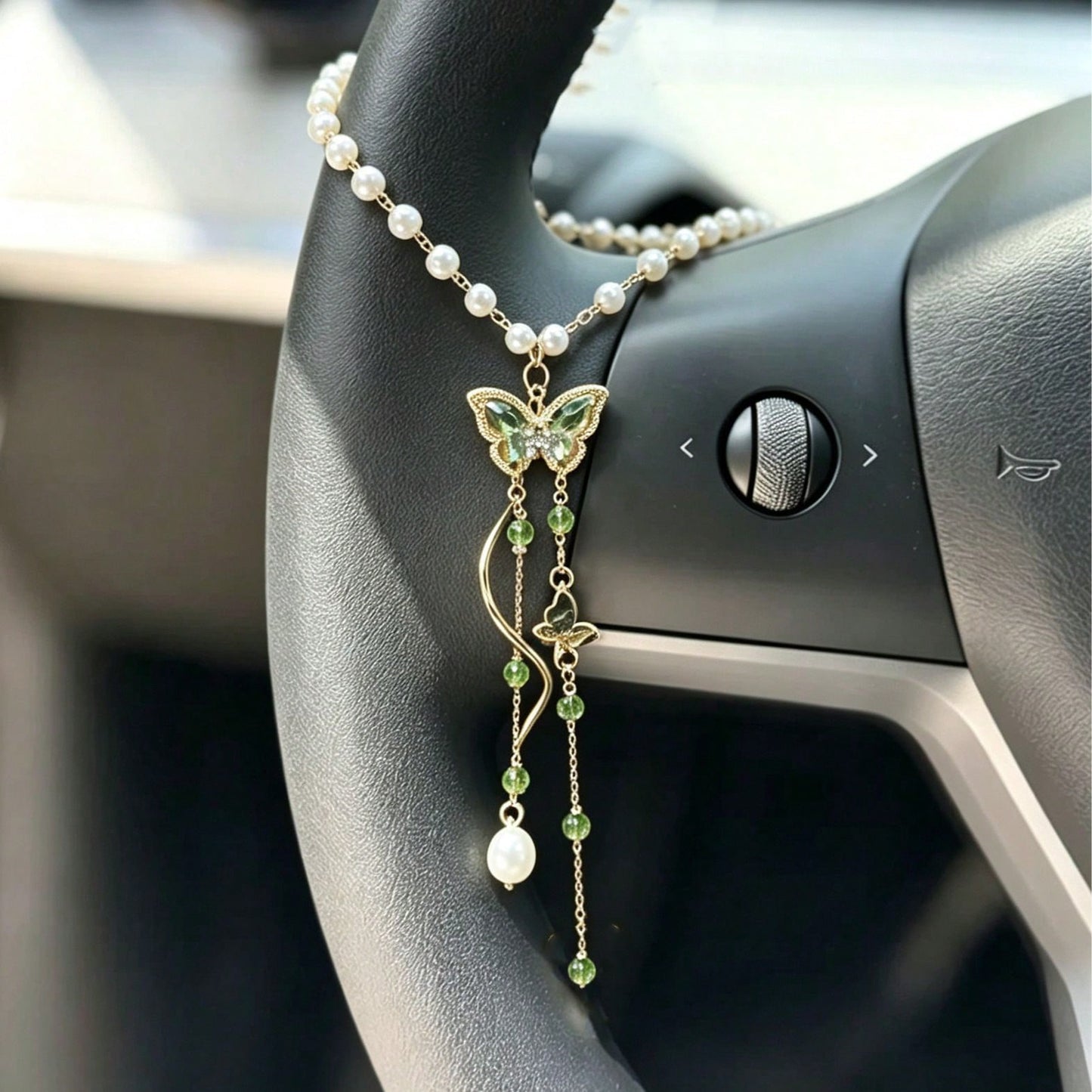 1pc Green Crystal Butterfly Pearl Steering Wheel Chain, Elegant Tassel Auto Interior Decor Vehicle Accessory