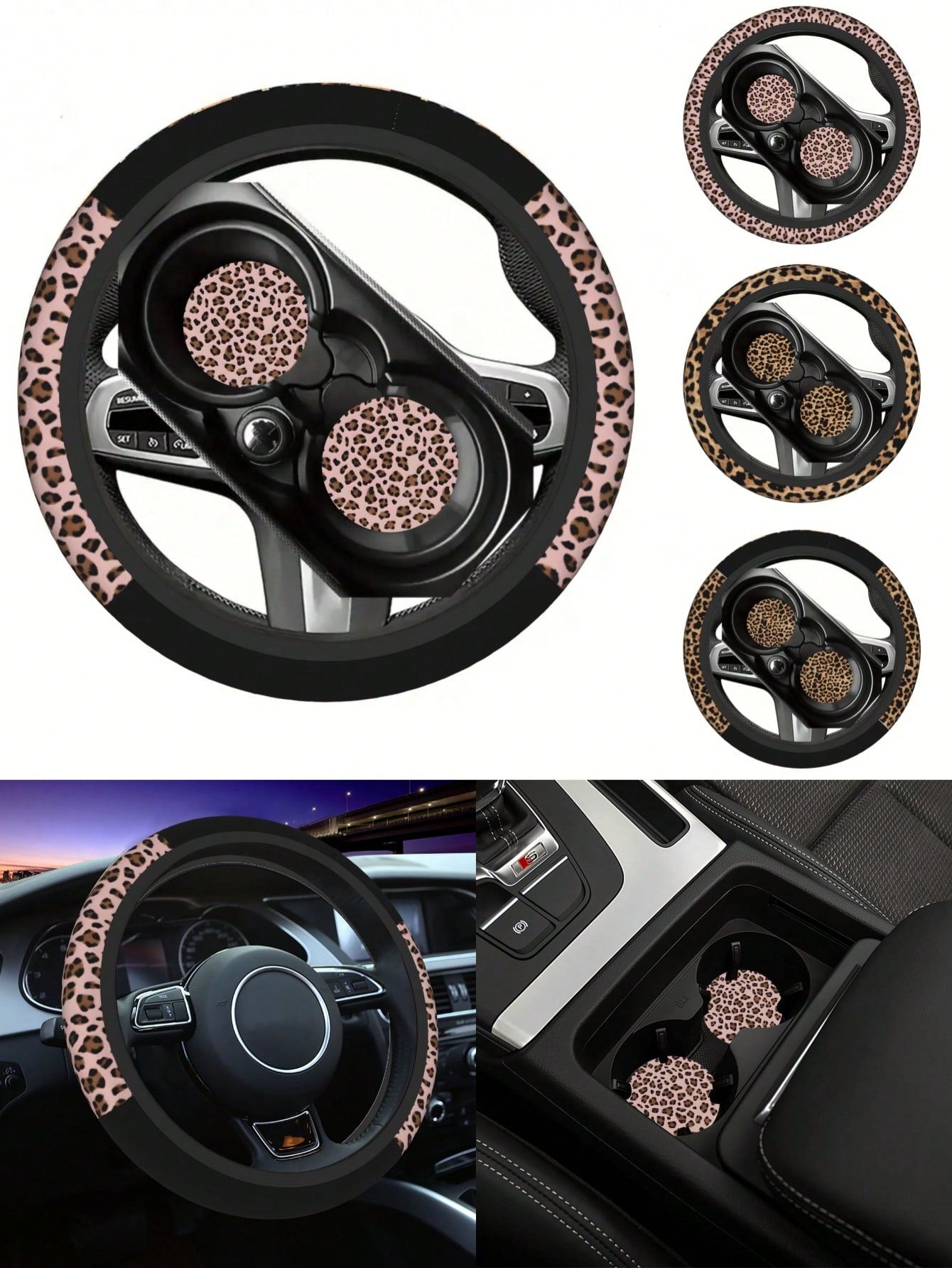 1pc Leopard Print Car Steering Wheel Cover + 2pcs Car Cup Holders, Waterproof Steering Wheel Cover Fits 14.5-15 Inch