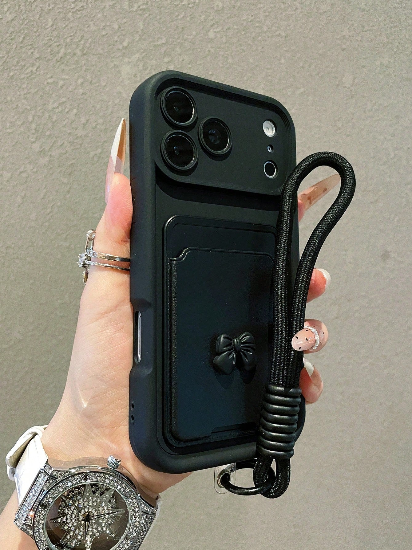 1pc Luxury Minimalist Bow Card Holder Diamond Sand Gradient Phone Case With Lanyard, Compatible With Apple 17/17Pro/17promax/16/16Pro/16Promax/15/15Pro/15Promax/14/13/12/11 Protective Cover