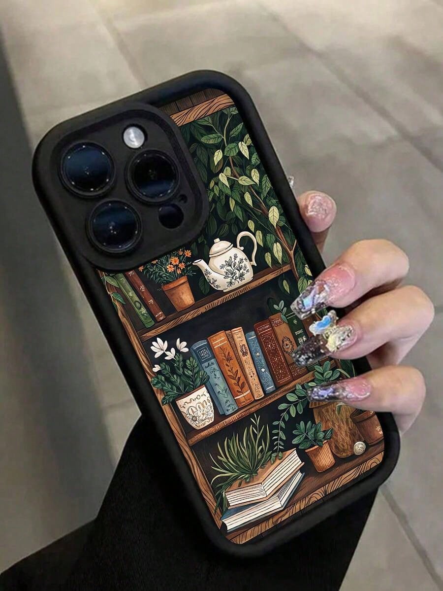 1pc Personalized Book Leaf Pattern Black Shockproof Anti-Fingerprint Full Coverage Phone Case Compatible With Iphone 16 Pro Max/16/16 Pro/16 Plus/15/15 Pro Max/15 Pro/11/12/13/14 Pro Max/11 Pro/11 Pro