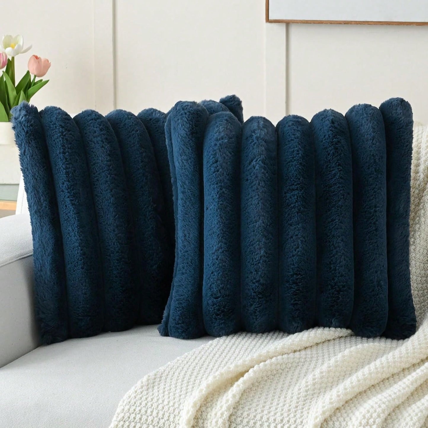 1pc Solid Color Cushion Cover (Pillow Insert Not Included), Soft Faux Fur Large Striped Decorative Pillow Sham, Suitable For Living Room Sofa