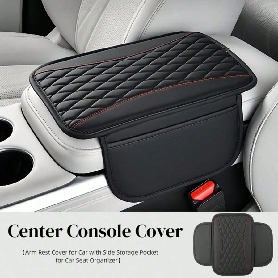 1pc Spliced PU Leather Center Console Cover, Upgraded Armrest Cover, With/Without Side Storage Bag, Can Be Used As Car Seat Storage Bag, Fashionable Car Decoration, Suitable For Most Sedans, Vehicles