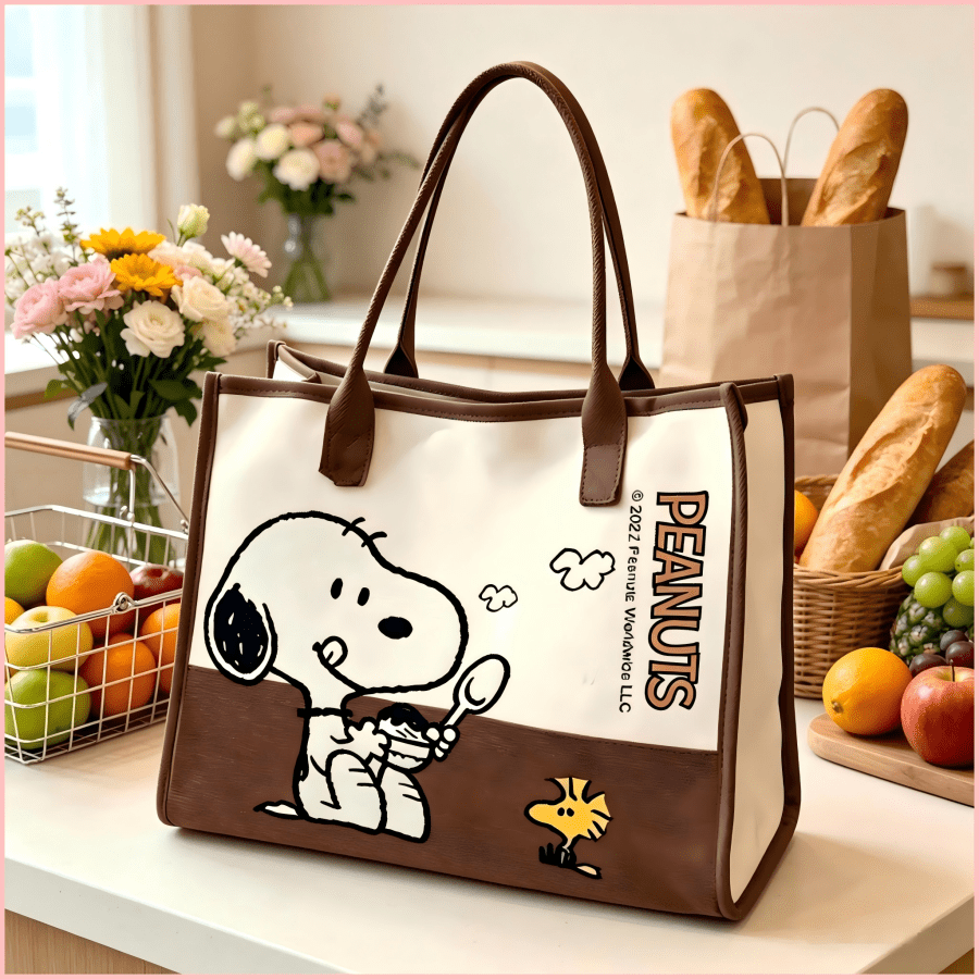 1PC Vintage Brown & White Block Snoopy And Print Tote Bag, Large Capacity Shoulder Bag, Structured Work School Travel Shopping Bag, Sweet Birthday Christmas Gift For Women Teen Girls Friends
