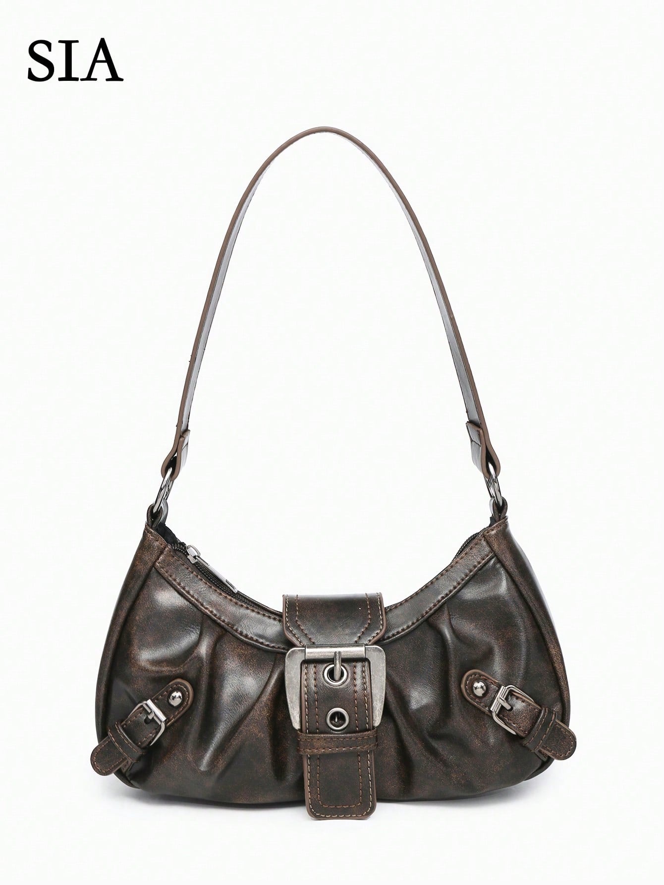1pc Women's Retro Maillard Punk Wanderer Motorcycle Bag, Rivet Decoration, Adjustable Strap, Large Capacity, Soft Artificial Wax Leather, Ombre Colors, Shoulder & Crossbody Bag, Suitable For Work, Com