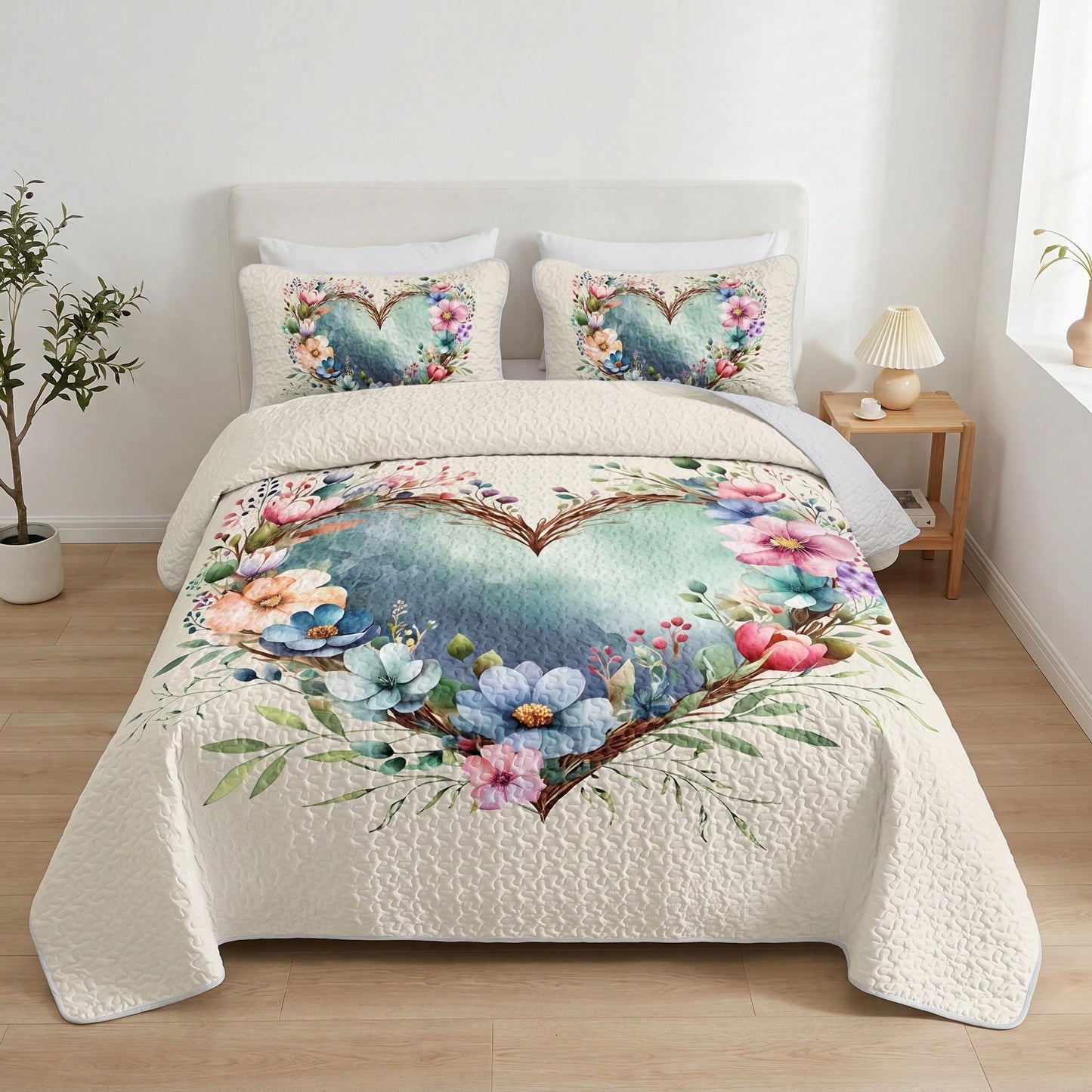 2/3PCS Floral Heart Bohemian Sunflower Quilt Set,Bedspread, Lightweight, Machine Washable, Easy Care, Multiple Sizes Available