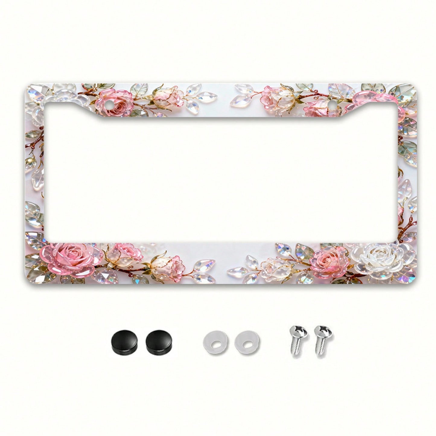 2D Design, 1pc Metal License Plate Frame Adds Romantic Charm, Pink Crystal Rose Decoration, Car Decoration Accessory Suitable For North America And Most International Vehicles, Includes Mounting Screw