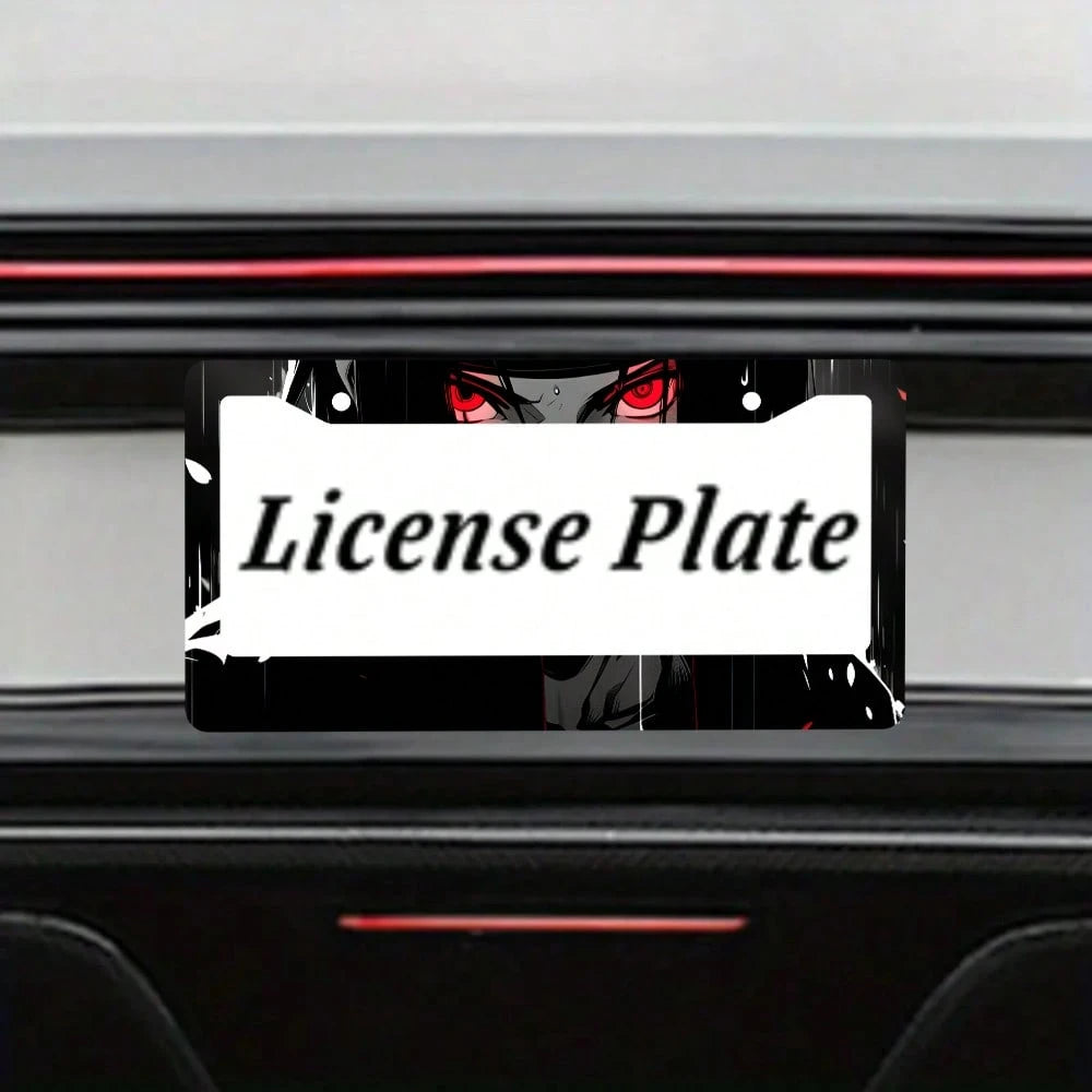2PC Black Red Anime Eyes 2-Hole License Plate Frame Aluminum Material 6x12 Inches With Screw Set Cartoon Interesting Car Decoration Standard US License Plate Size