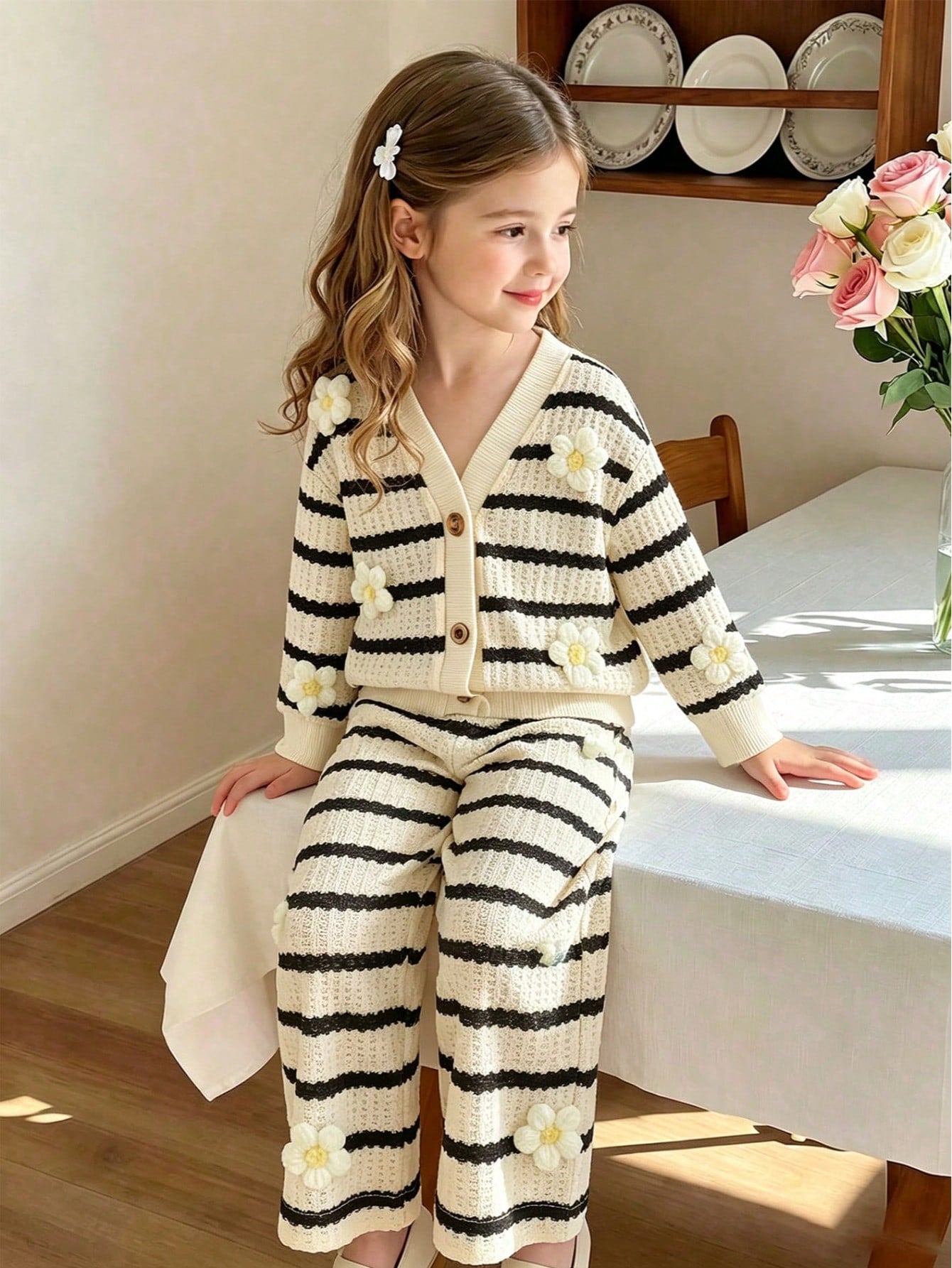 2pcs Baby Girl Striped 3D Floral Knit Long Sleeve Cardigan & Wide Leg Pants Set, Thin Spring/Autumn Mori Style Cute