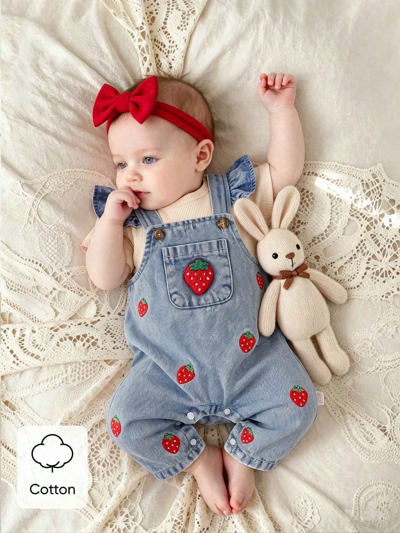 2pcs Baby Girls' Cute Strawberry Embroidered Bib Pants Soft Cotton Blue Summer Family Matching