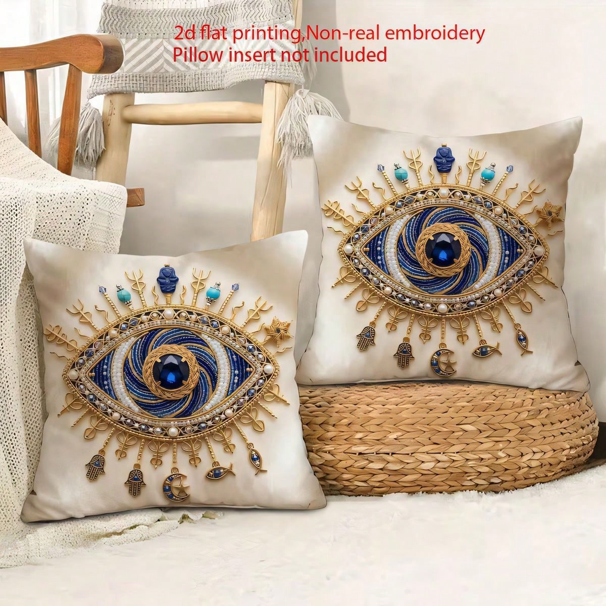 2pcs Bohemian Evil Eye Pattern Single-Sided Print Throw Pillow Covers, Soft Comfortable Polyester Fiber Cushion Covers, Size 45x45cm(17.72x17.72 Inches), Zipper Closure, Machine Washable, Suitable For