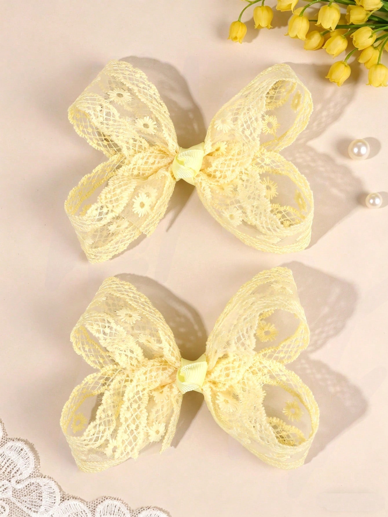 2pcs Girls Lace Bow Yellow Embroidered Flower Hair Clips Elegant Wedding Party Hair Accessories Fairy Hair Ornaments Baby Hair Accessories Spring Summer