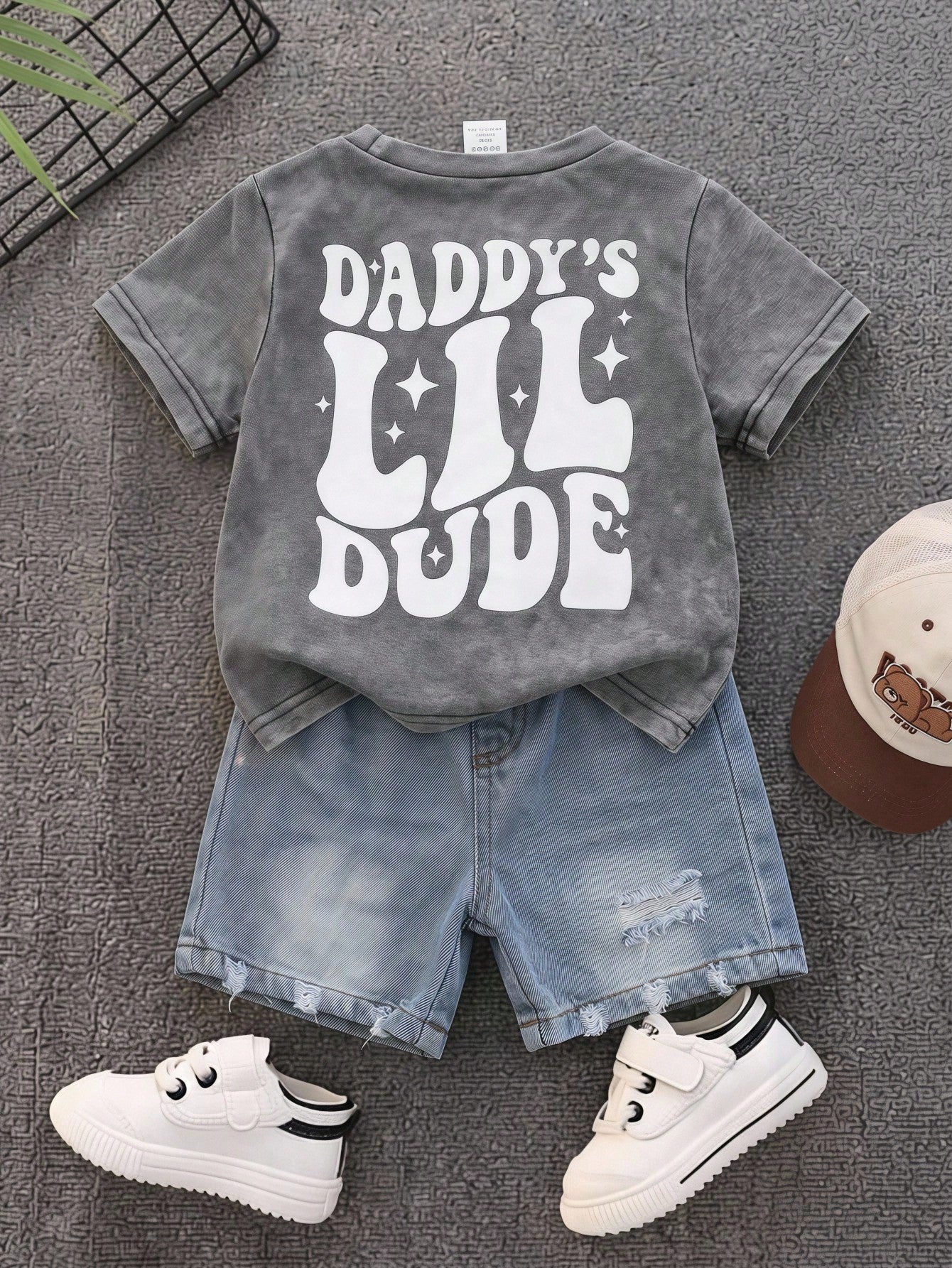 2pcs/Set Baby Boy Summer Casual Street Style Denim Knit Top And Denim Shorts Set, Infant Boy Denim Outfit, T-Shirt Set, Holiday Set, Summer Set