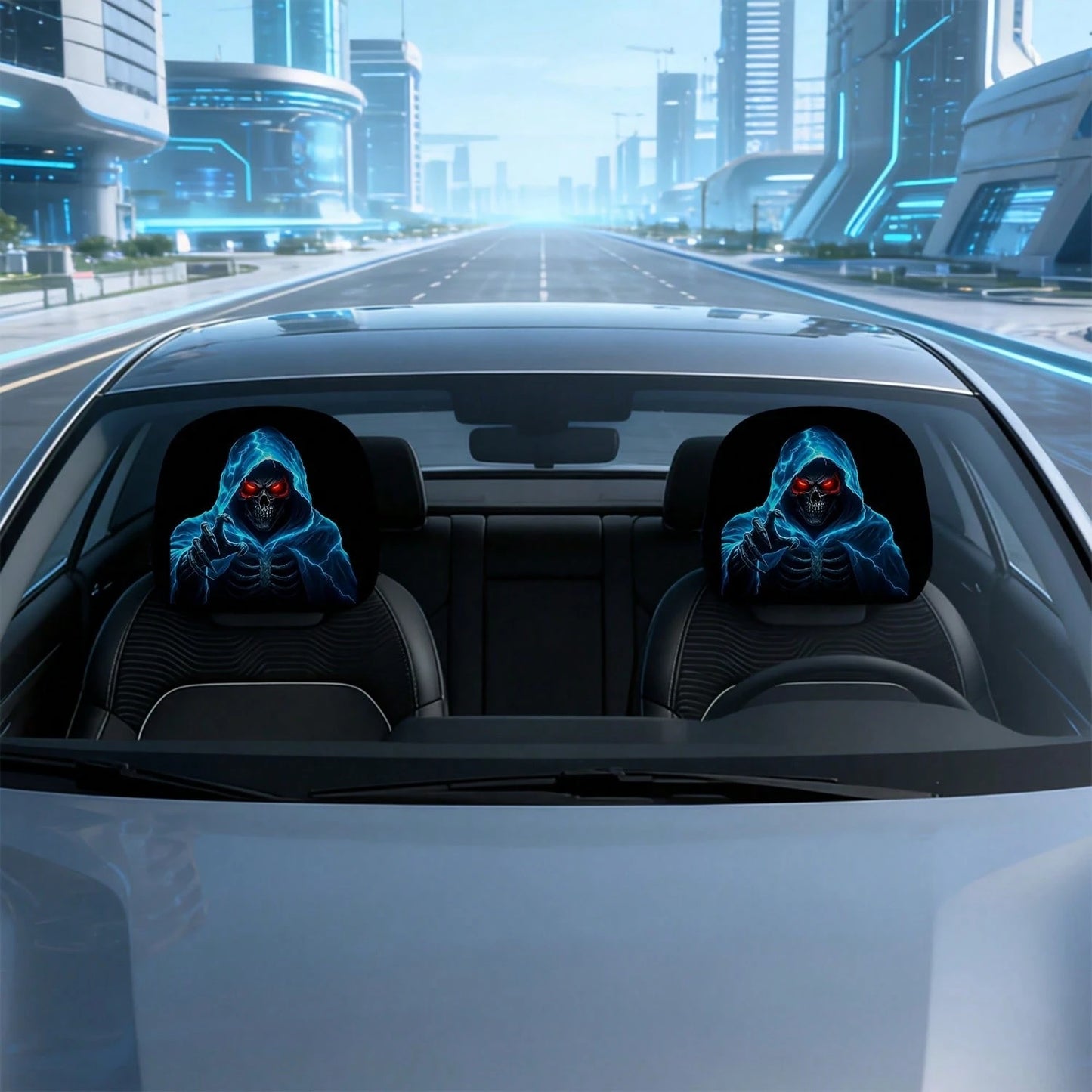 2pcs Set Of Ghostly Blue Lightning Skull Grim Reaper Reaching Out Themed Car Headrest Covers, Durable, Stylish, And Comfortable Vehicle Seat Headrest Protectors, No Filling, Easy To Install, Suitable