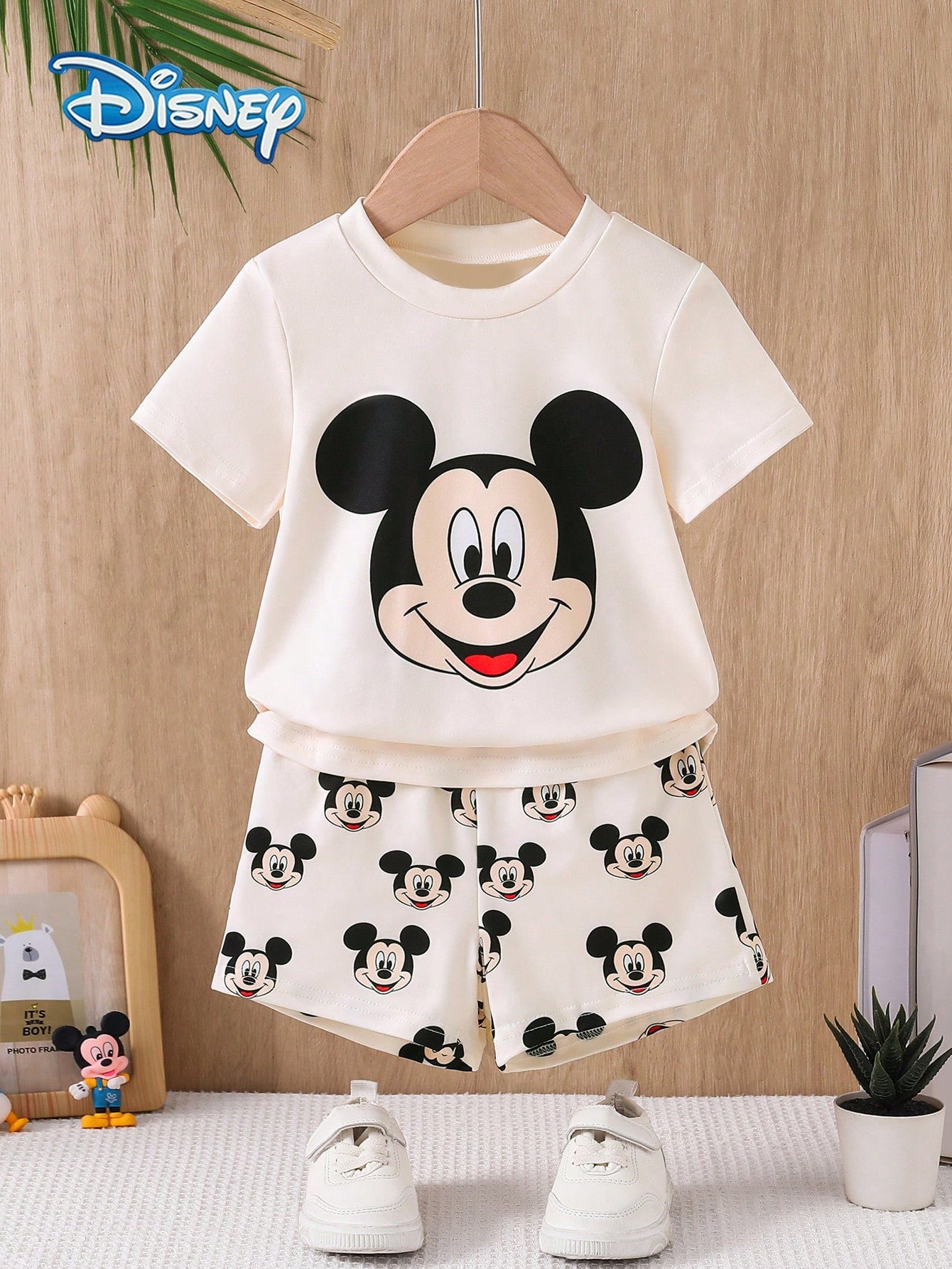 3-Piece Baby Boy Disney Outfit: Loose Round Neck White Mickey Mouse Print Short Sleeve T-Shirt + All-Over Mickey Print Shorts, Casual Everyday, Travel, Holiday, Party Wear For Toddler Boys Under 3 Yea