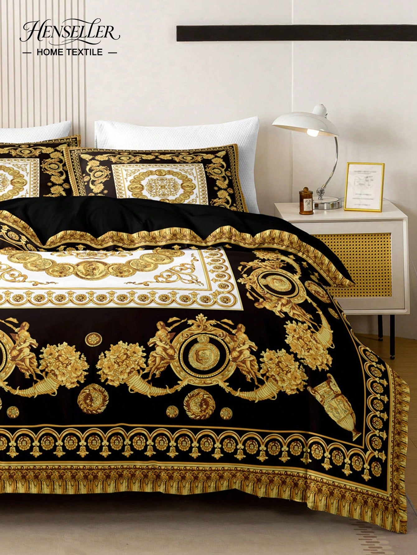 3pcs Fashionable And Luxurious Black Gold Digital Printed Down Duvet Cover Set,Soft And Breathable,All-Season Universal.Opulent Royal Vintage Aesthetic Room,Easy-Care Bedding Set Suitable For King/Que