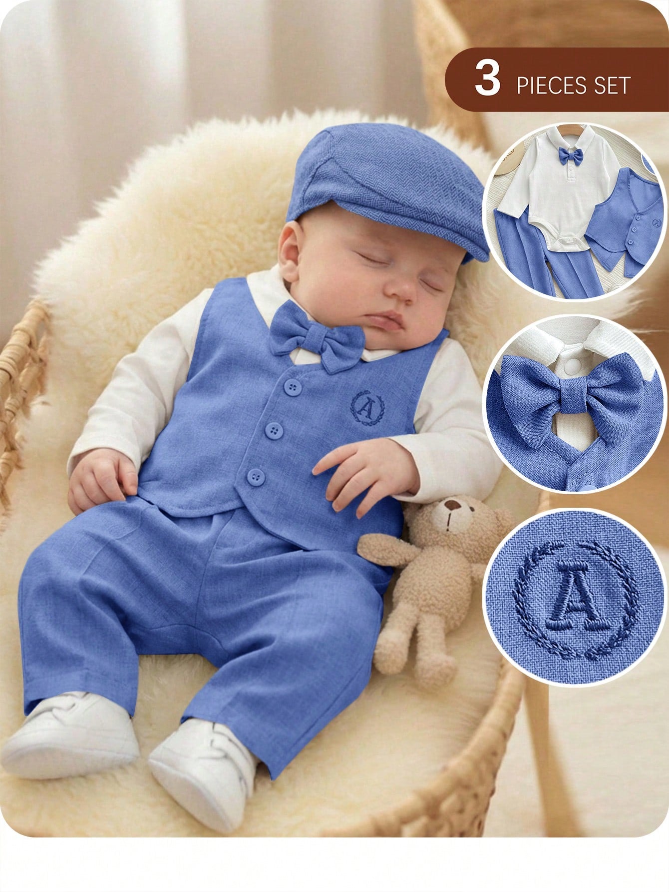 3pcs Newborn Baby Boy Collegiate Style Cute Casual Vest Jacket, Pants And Bow Tie Romper Set,Kids