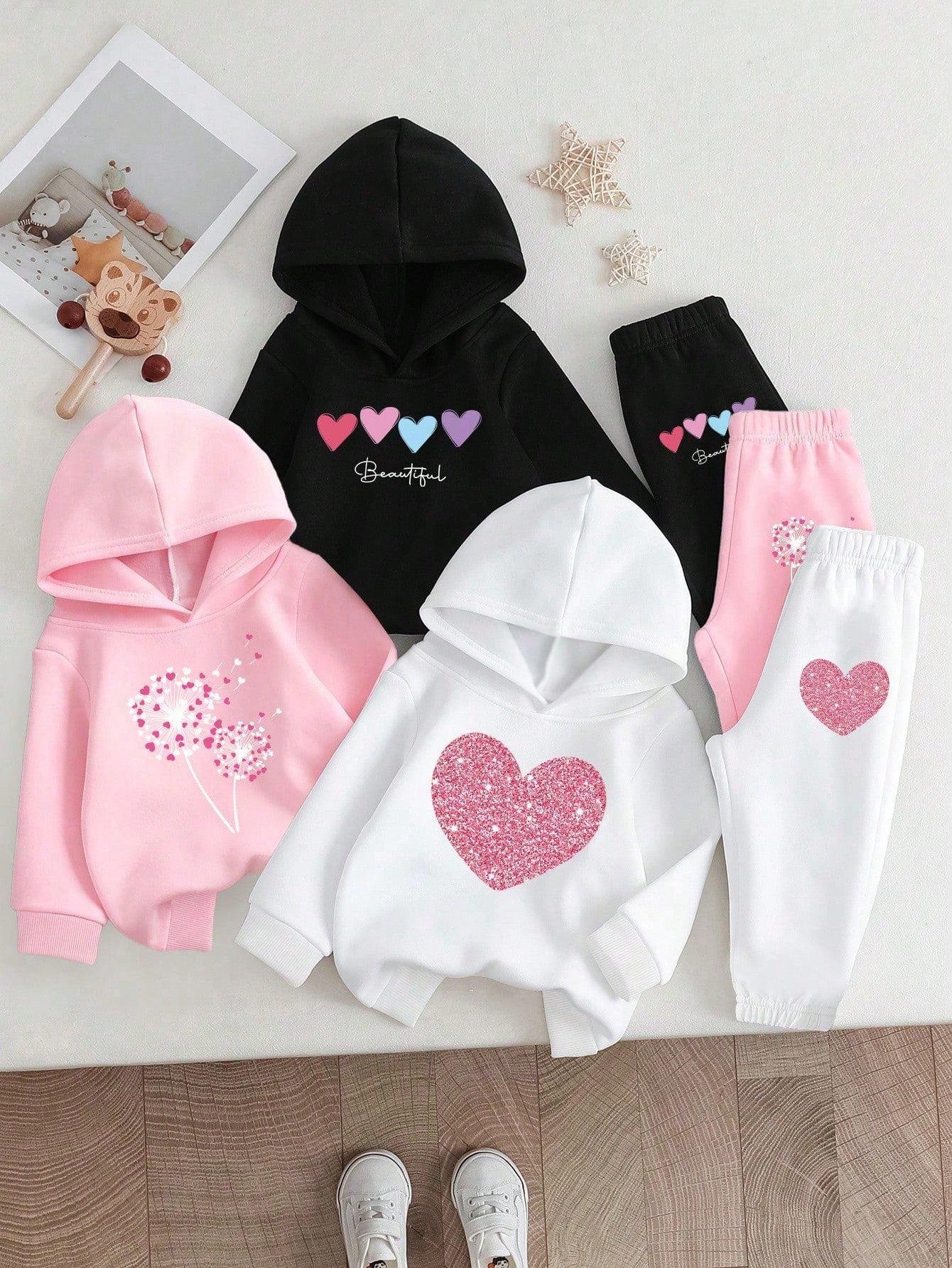 3pcs/Set Baby Girls Fall Clothes,Cute Glitter Heart Dandelion Graphic Hoodie&Sweatpants Outfit,White Autumn Family Matching Pink Black Winter Set