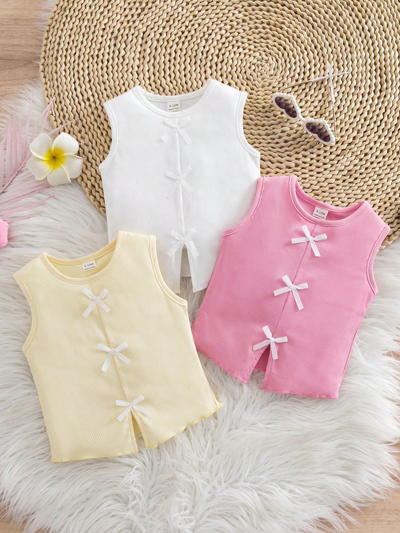 3pcs/Set Girls Sweet Stylish Casual 3D Bow Dopamine Versatile Knit Sleeveless Tank Tops