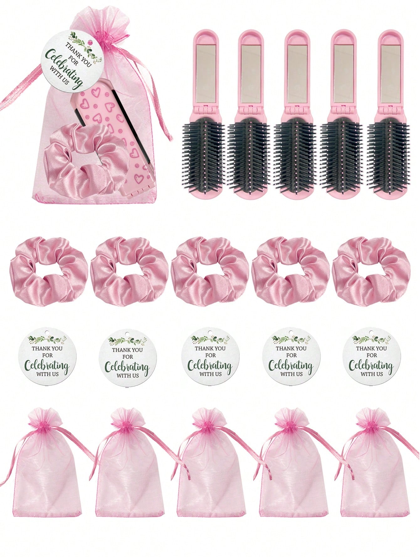 4/20pcs Pink Heart Pattern Folding Cushion Comb Mirror, Including Card, Drawstring Bag And Hair Tie, Perfect For Women, Bridesmaids, Wedding Gifts, Wedding Celebrations, Birthday Parties, Valentine's