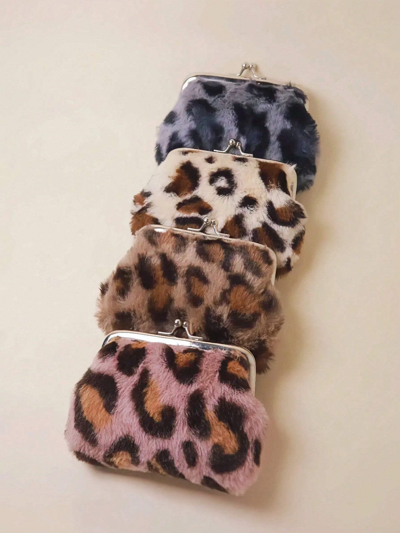 4-Inch Fashionable Leopard Print Plush Silver Metal Clip Coin Purse, Waterproof Leopard Print Card Holder, Available In Black, Burgundy, Brown, Purple, White And Other Colors, Can Hold Bank Cards, Cre