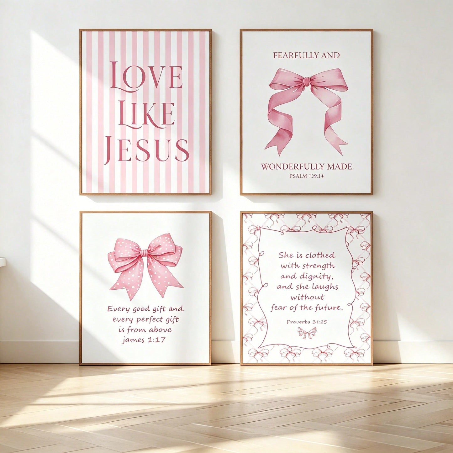 4-Piece Pink Bow Christian Room Bedroom Bathroom Dorm Wall Art Decor Aesthetic For Nursery Decor Watercolor Art Canvas Print Decorative Poster Suitable For Girl Bedrooms Living Rooms College Apartment