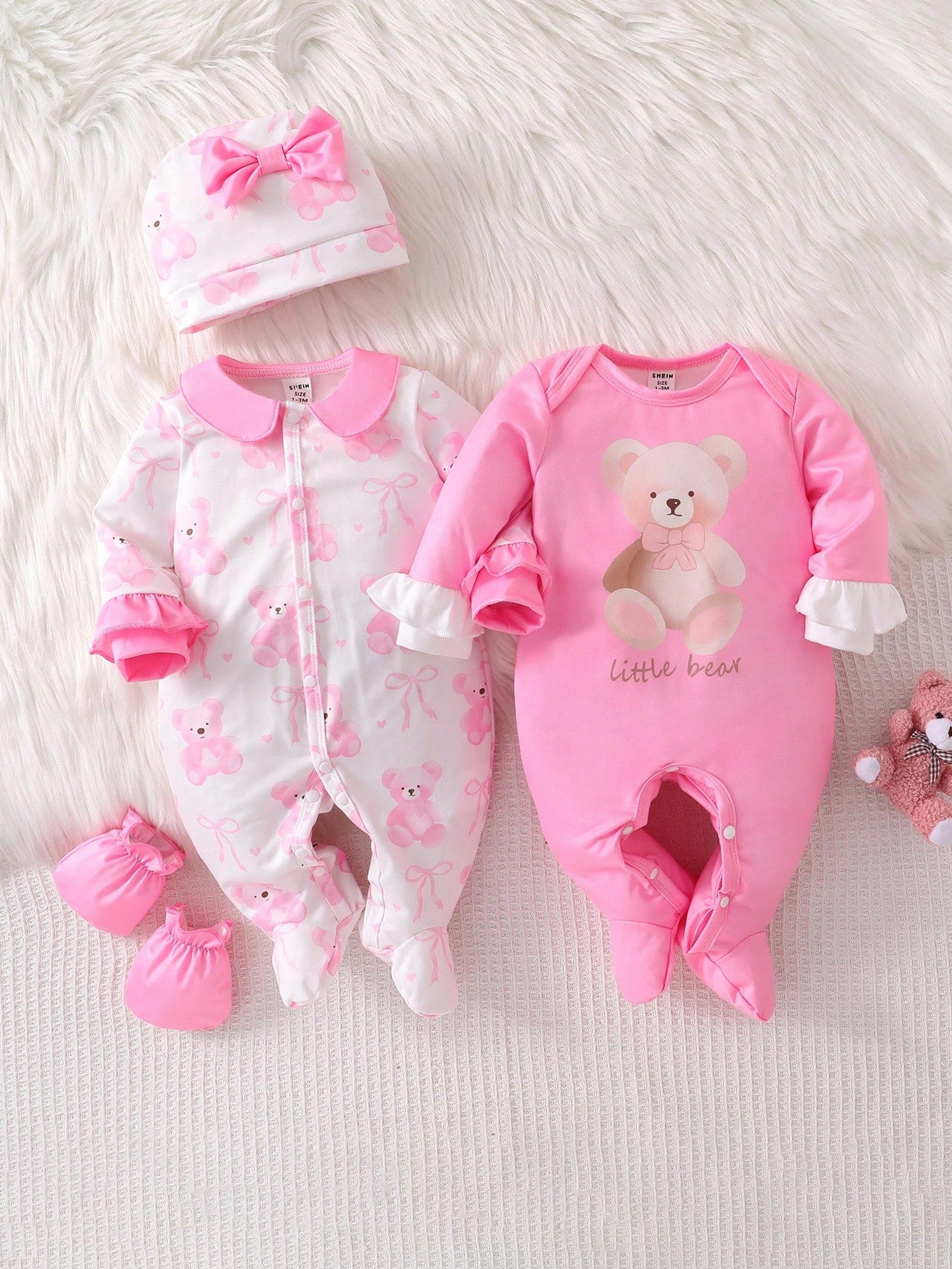 4pcs Newborn Baby Girl Clothes Set,White,Autumn,Cute,Family Matching Bear & Bow Decor Long Sleeve Footie Jumpsuit Romper With Hat & Gloves,Pink Outfit