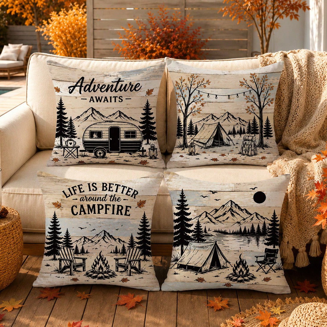 4pcs Vintage Wood Grain Autumn Camping Theme Cushion Covers, Single-Sided Printed Peach Skin Polyester Fabric, 45*45CM/18*18inch Pillowcases Suitable For Room Decoration, Modern Minimalist Sofa Living