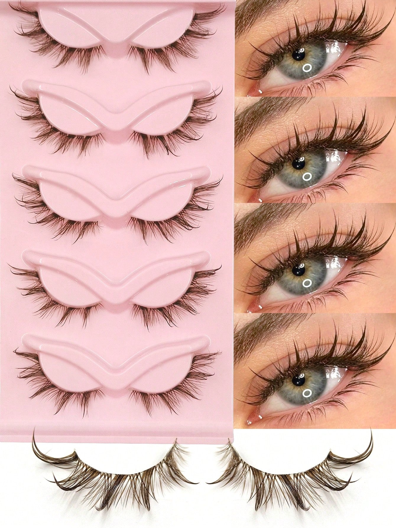 5 Pairs Brown Wet Look Cat Eye False Eyelashes, Transparent Band Fox Eye Lashes, Brown Faux Mink Cross Fluffy Striped Natural Spiky Lash Extensions For Makeup