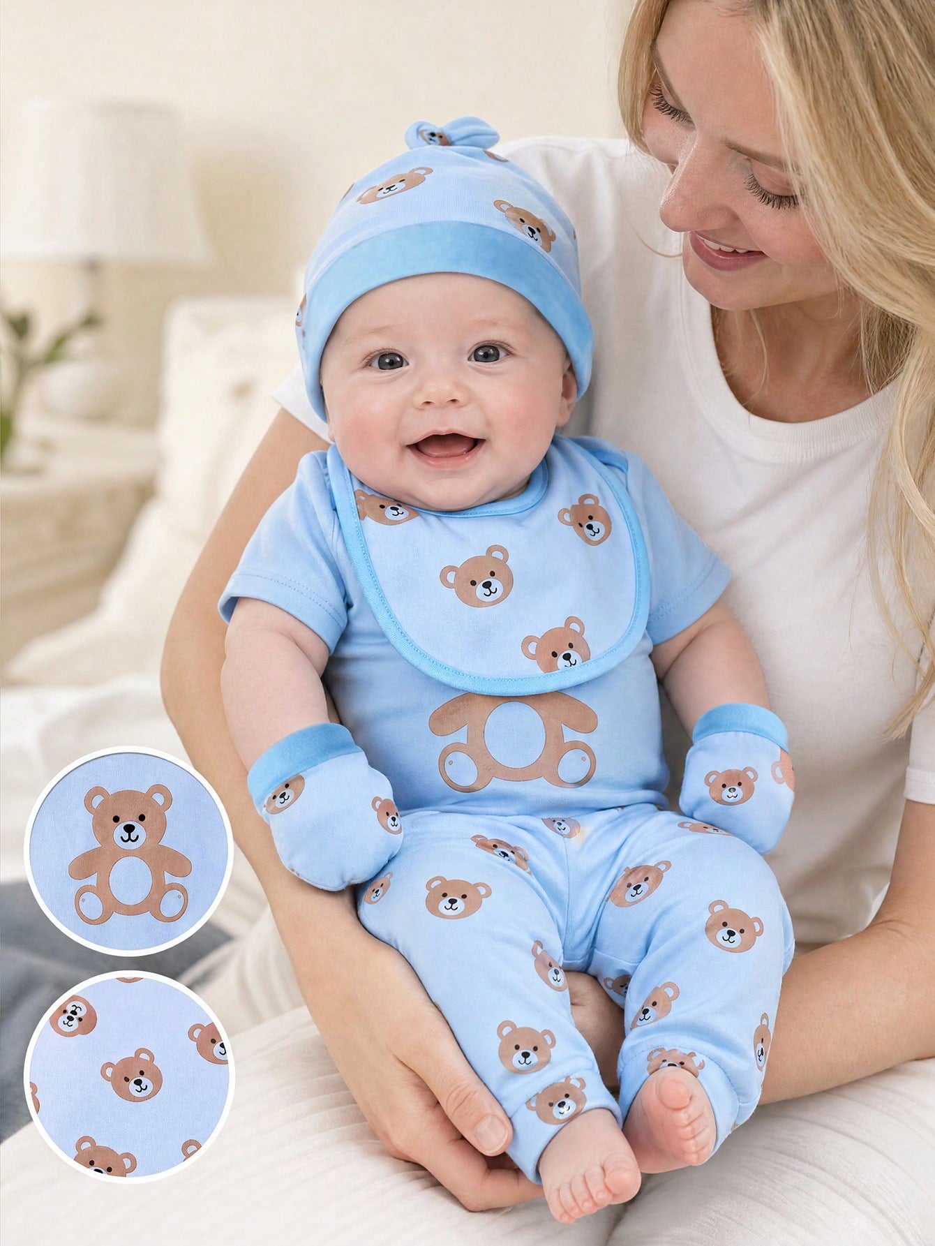 5pcs/Set Newly Born Baby Boys And Girls Envelope Collar Round Neck Short Sleeve Elephant Print Romper + Elastic Waist Full Print Pants + Hat Gloves Bib Casual Comfortable Soft Outfit, Suitable F