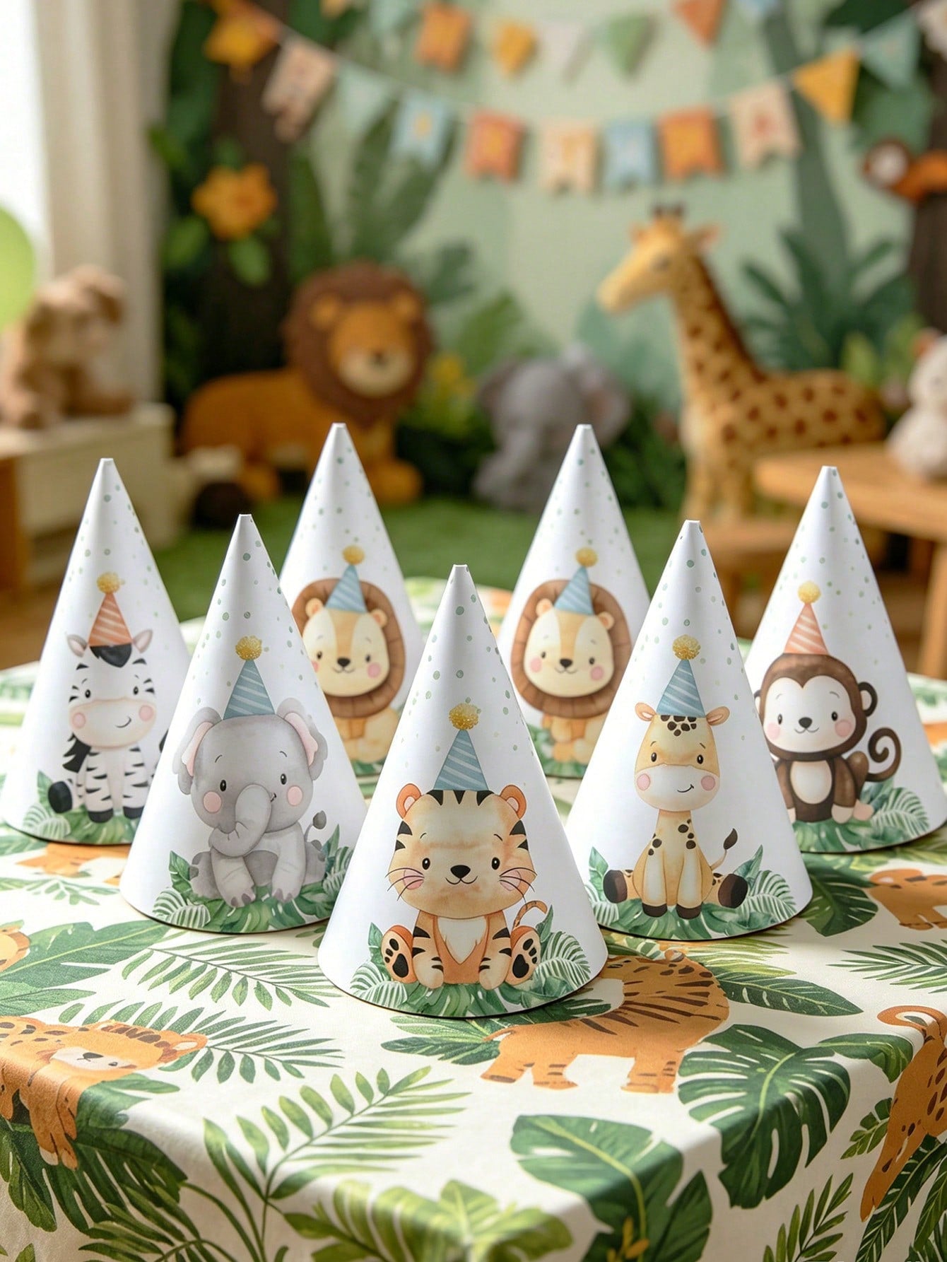 6pcs Jungle Animal Theme 1st Birthday Party Hats, Jungle Theme Wild Party Paper Hats Suitable For Birthday Photo Props, Baby Boy Party Decorations, Baby Shower Decorations, Gender Reveal Decorations