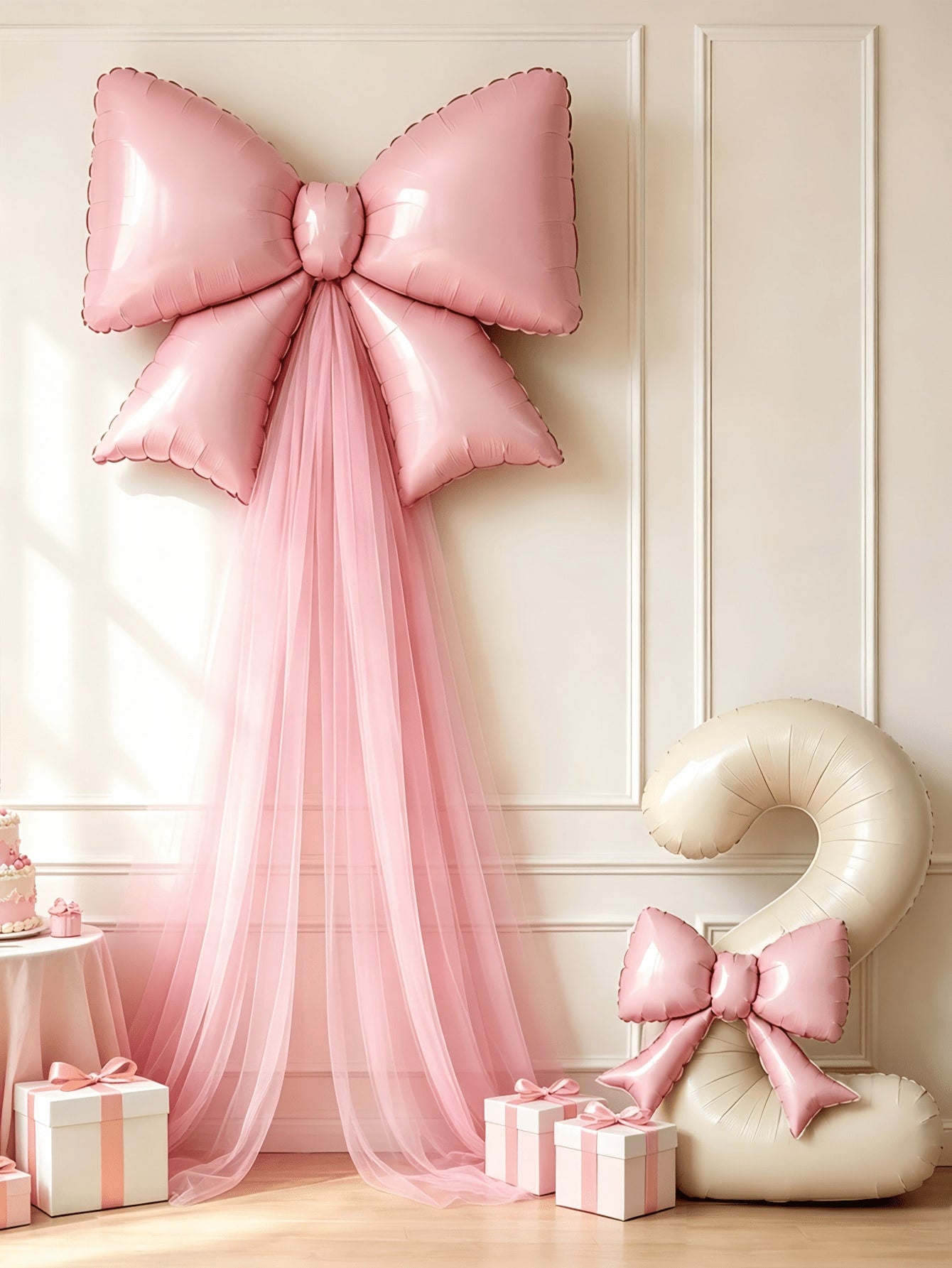 6pcs/Set Bow Birthday Background Decoration Balloon Set, Includes 32-Inch Cream White Number Foil Balloons 0-9, Light Pink Bow Balloons With Pink Tulle