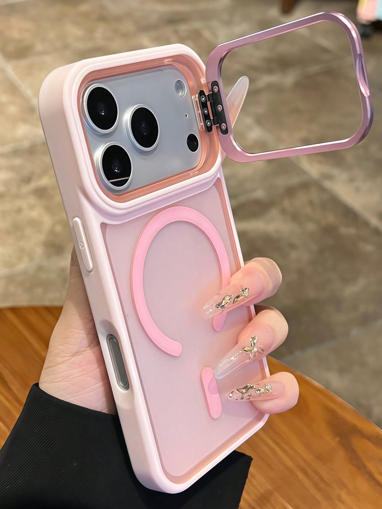Alloy Luxury Pink Magnetic Style Stand Phone Case Semi-Transparent Frosted Acrylic Magnetic Stand Phone Case Compatible With IPhone 17 Pro Max, Air 16, 15, 14, 13, 12, 11 Pro Max Plus, Supports Magnet