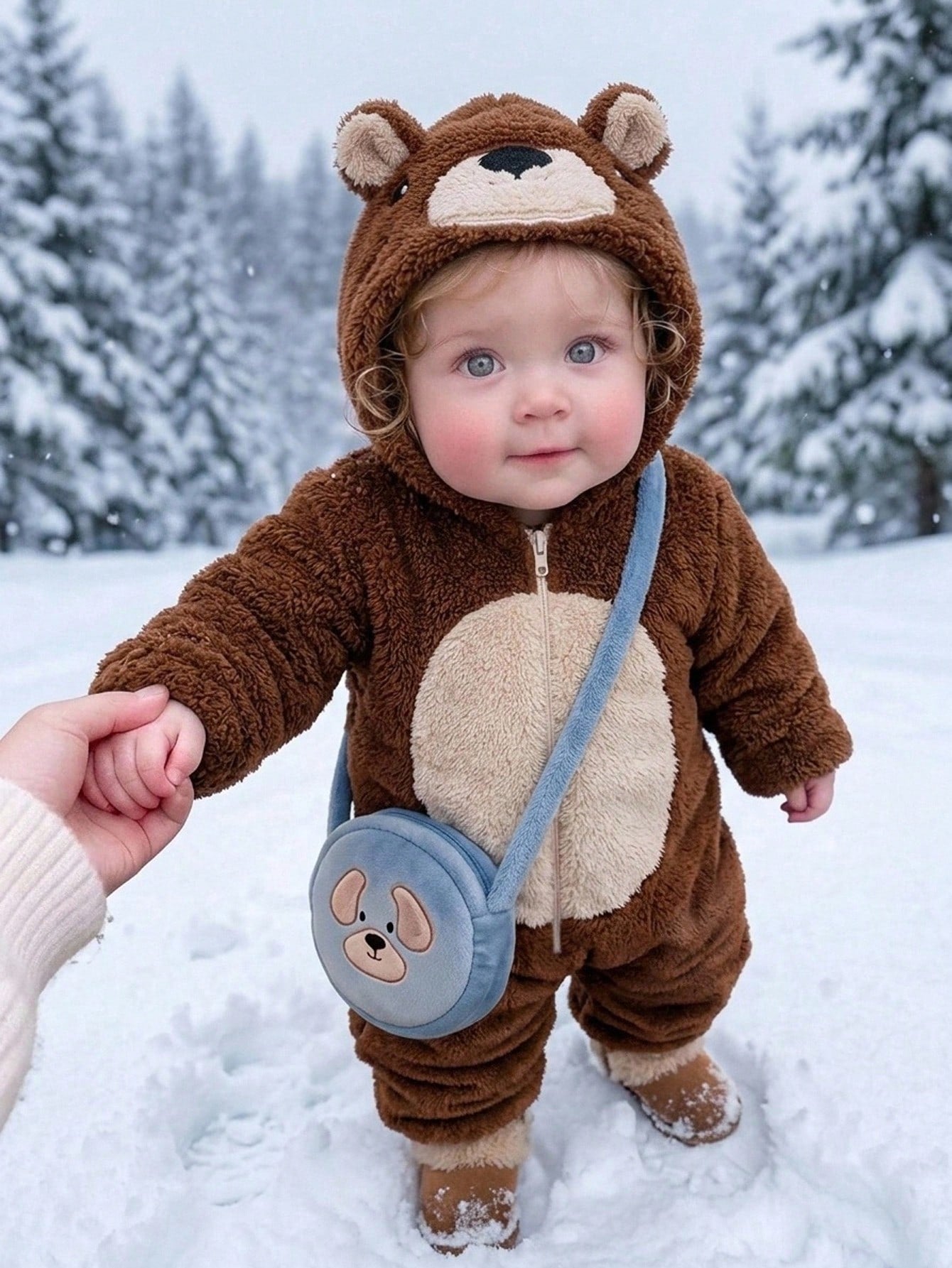 Baby Boy Cartoon Bear Pattern Colorblock Thermal Lined Thick Hooded Long Sleeve One-Piece Jumpsuit Fall And Winter Back To School Clothes