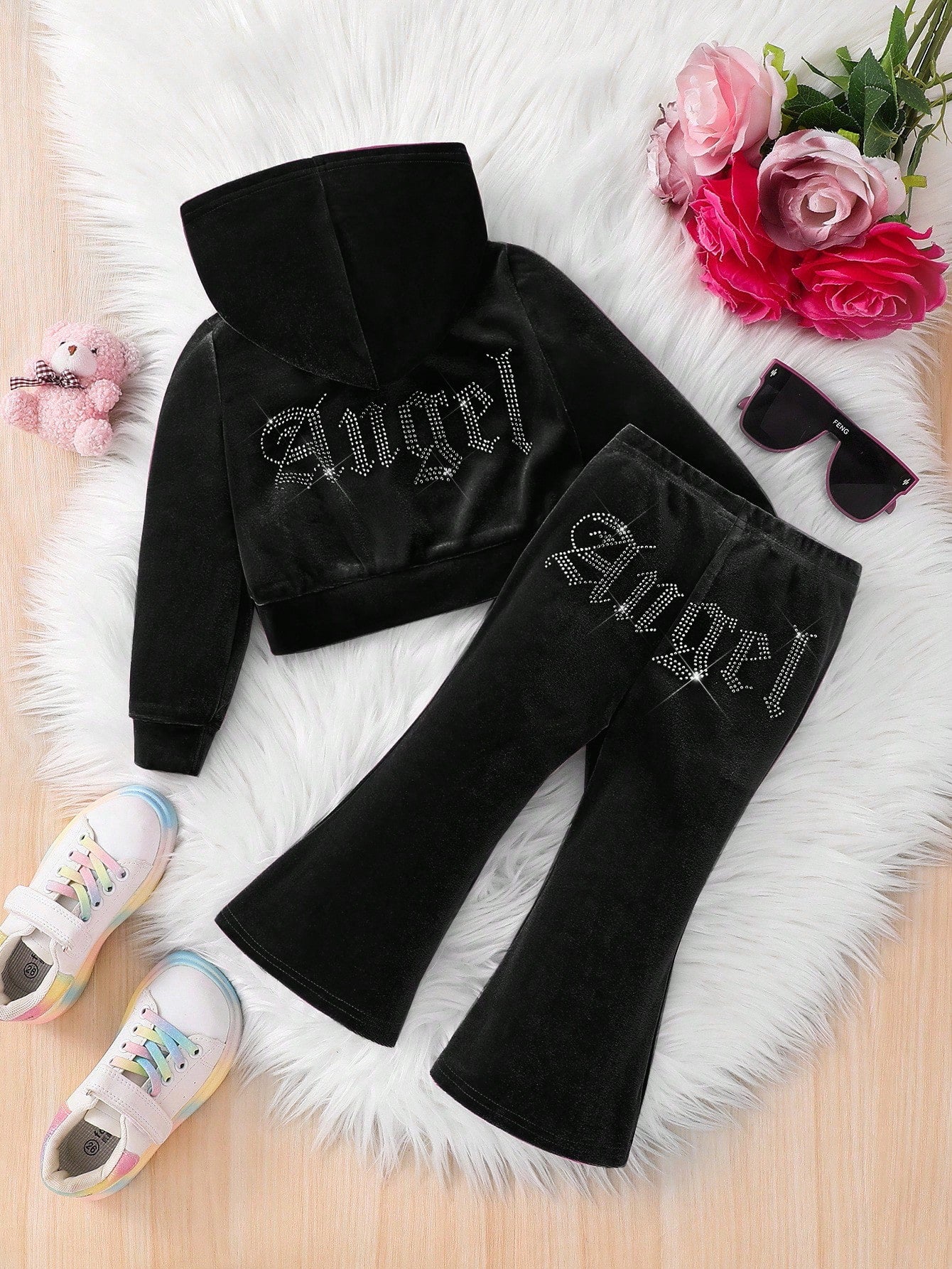 Baby Girl 2Pcs Black Sets, Letter Velvet Hoodie & Flare Winter Pants,Cute Y2k Outfits For Autumn Holiday Christmas,Fashionable Casual Sweatpants