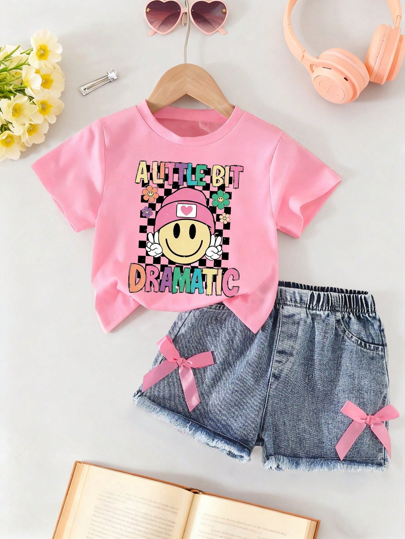 Baby Girl Cartoon Print Short Sleeve Top And Solid Color Denim Shorts