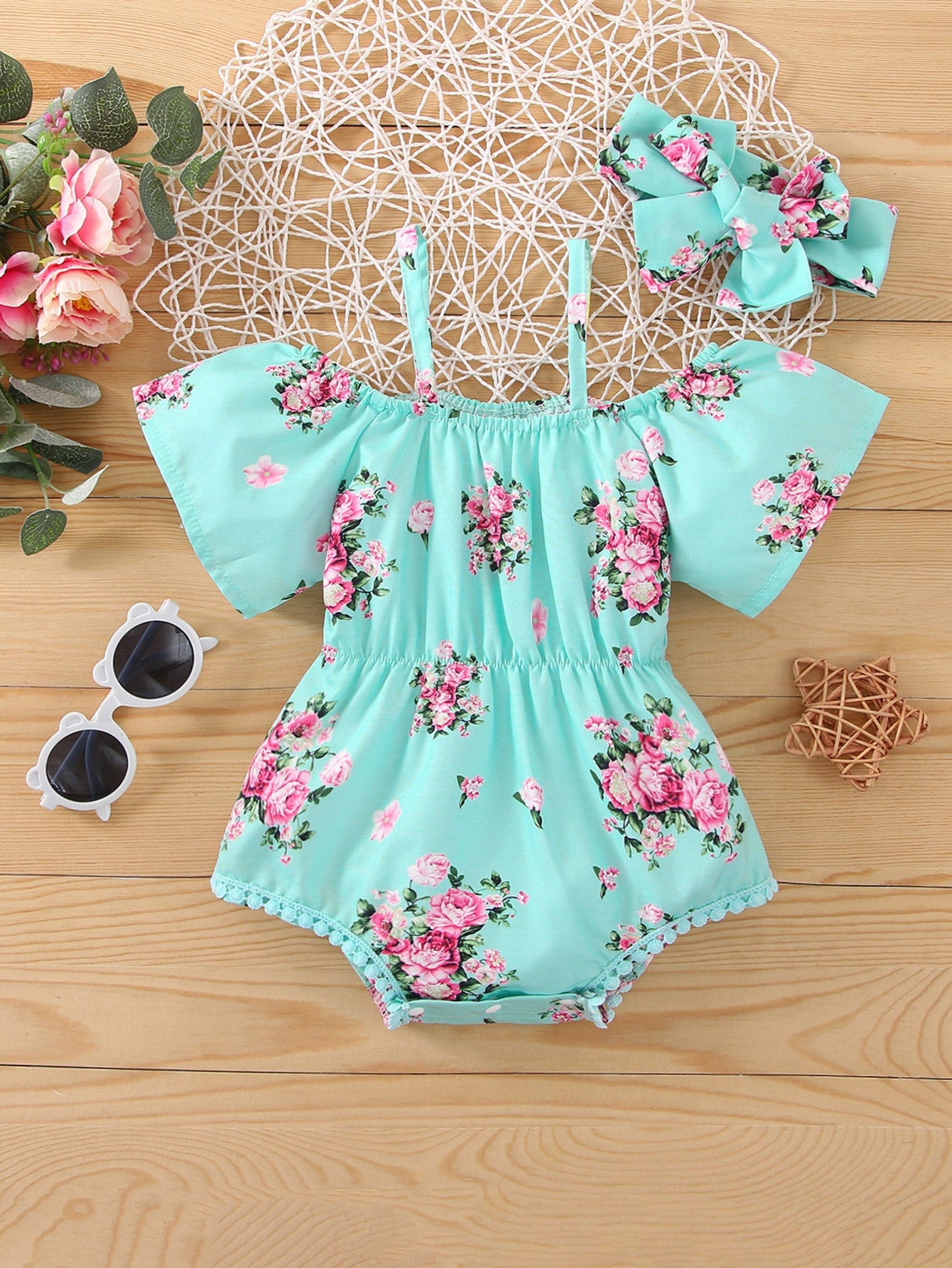 Baby Girl Floral Print Cold Shoulder Bodysuit & Headband