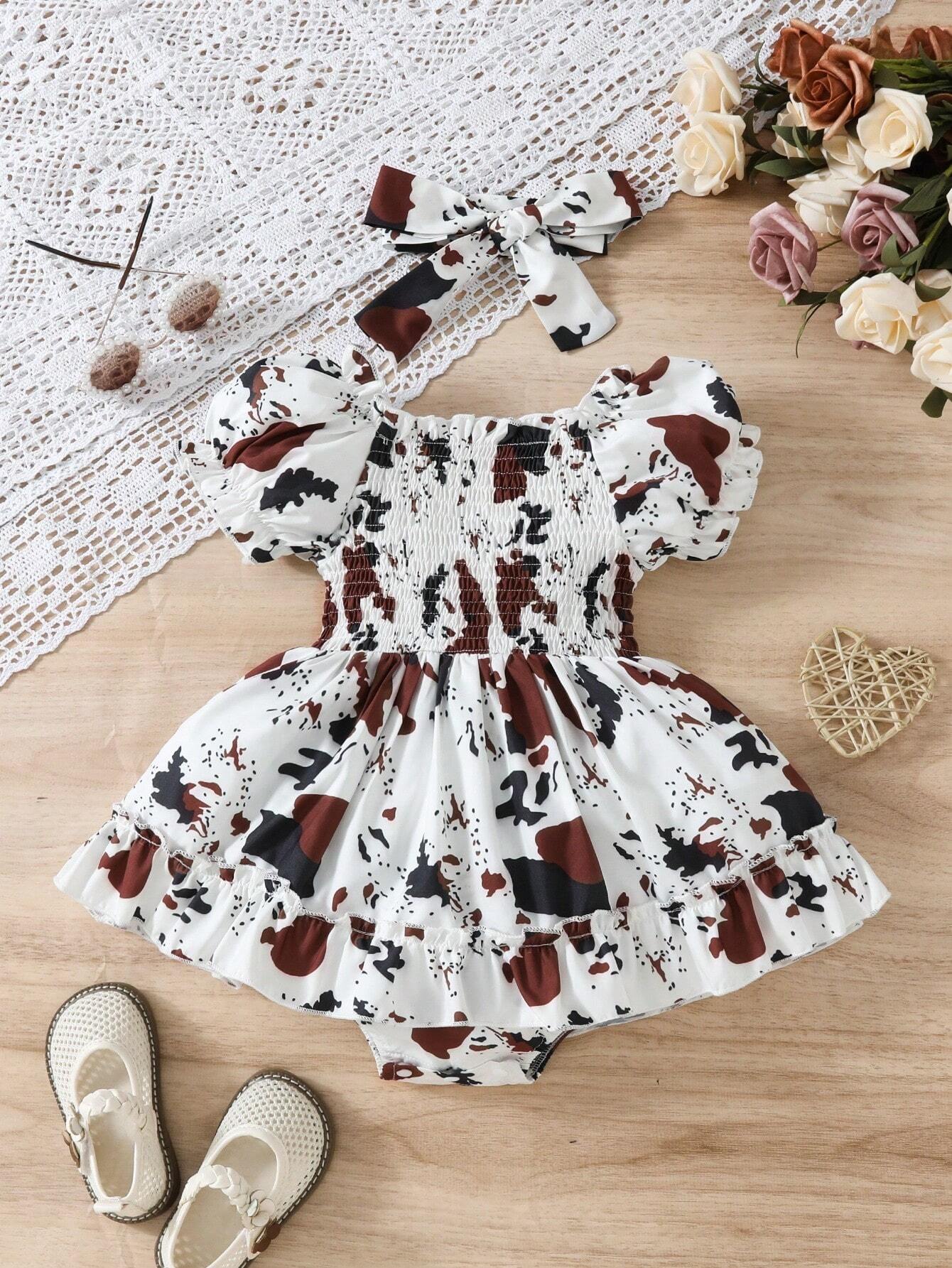 Baby Girl's 2pcs Fashionable Cow Printed Ruffle Hem Dress Bodysuit With Headband Set, Summer